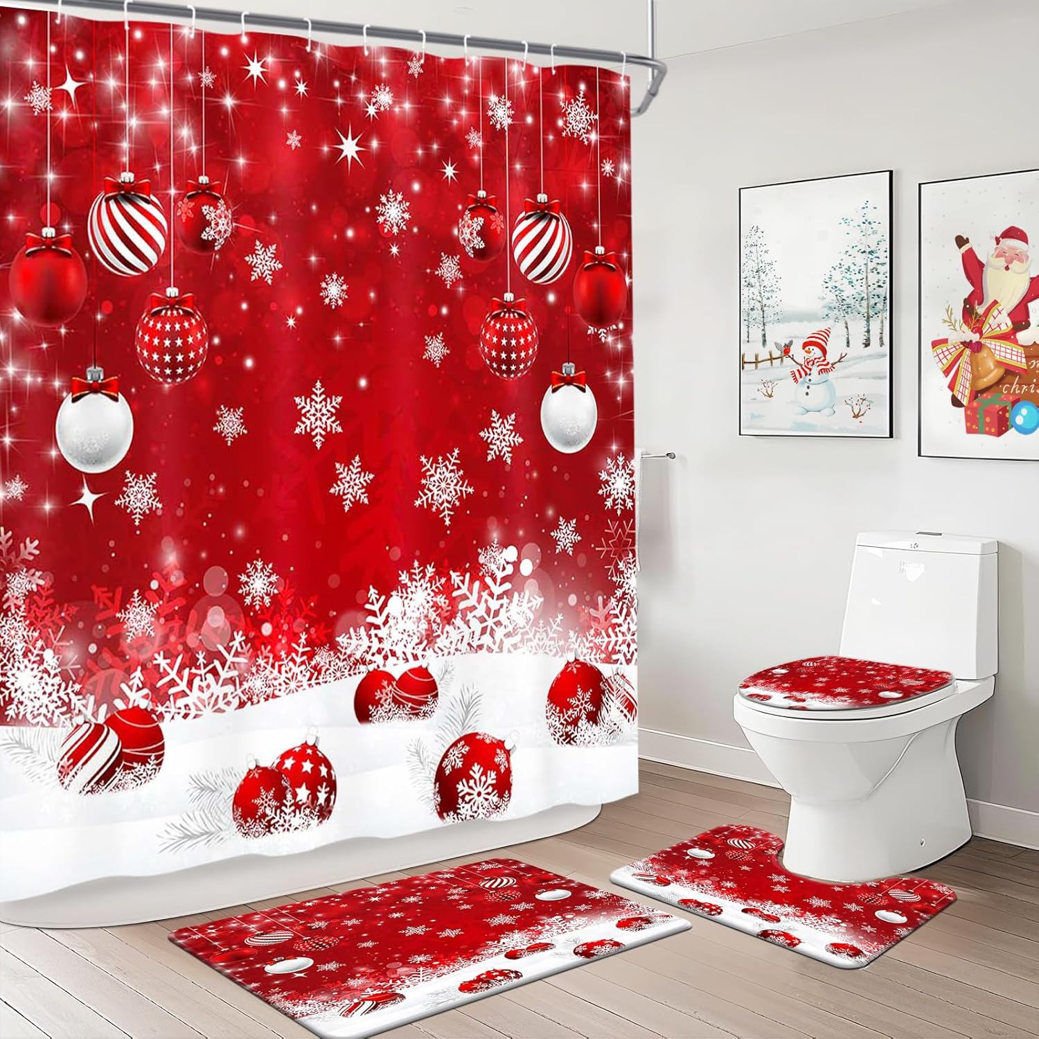 MEHOFOND Merry Christmas Red Balls Shower Curtain Sets 4 Pcs with Shower Curtain,Non-Slip Rugs,Toilet Lid Cover, Bath Mat and 12 Hooks White Snow Scenery Xmas Holiday Celebration Bath Curtain Set