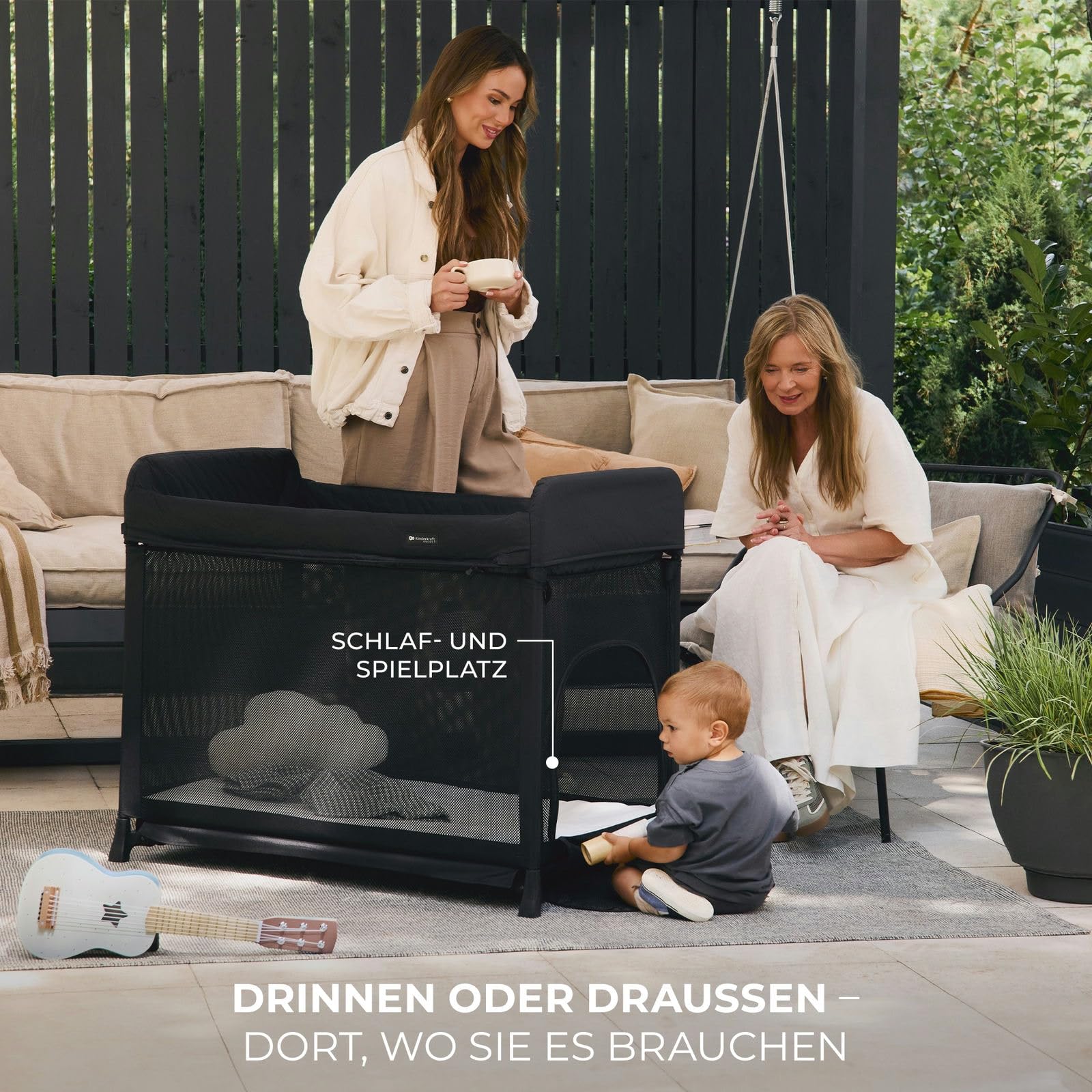 Kinderkraft Moon Dream Reisebett von der Geburt bis 3 Jahre, Zweistöckiges Babybett, mit einem Handgriff zusammenklappen, Matratze Tragetasche inklusive, Schnelle Reinigung, Schwarz