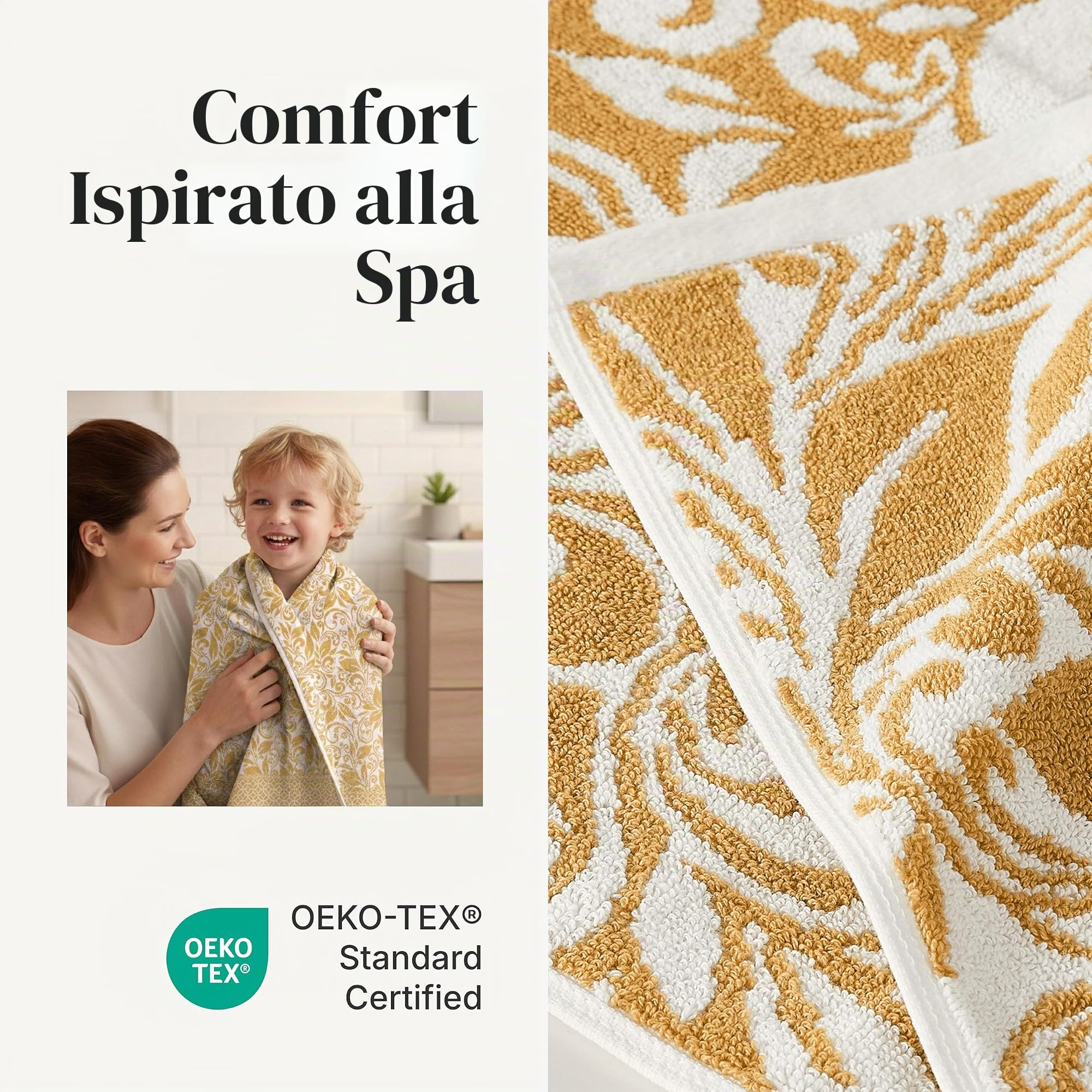 Modern Threads - Set di 6 asciugamani 100% cotone, filigrana a trifoglio, jacquard reversibile tinto in filo, 2 asciugamani da bagno, 2 asciugamani per le mani, 2 lavette, assorbenti e morbidi, oro