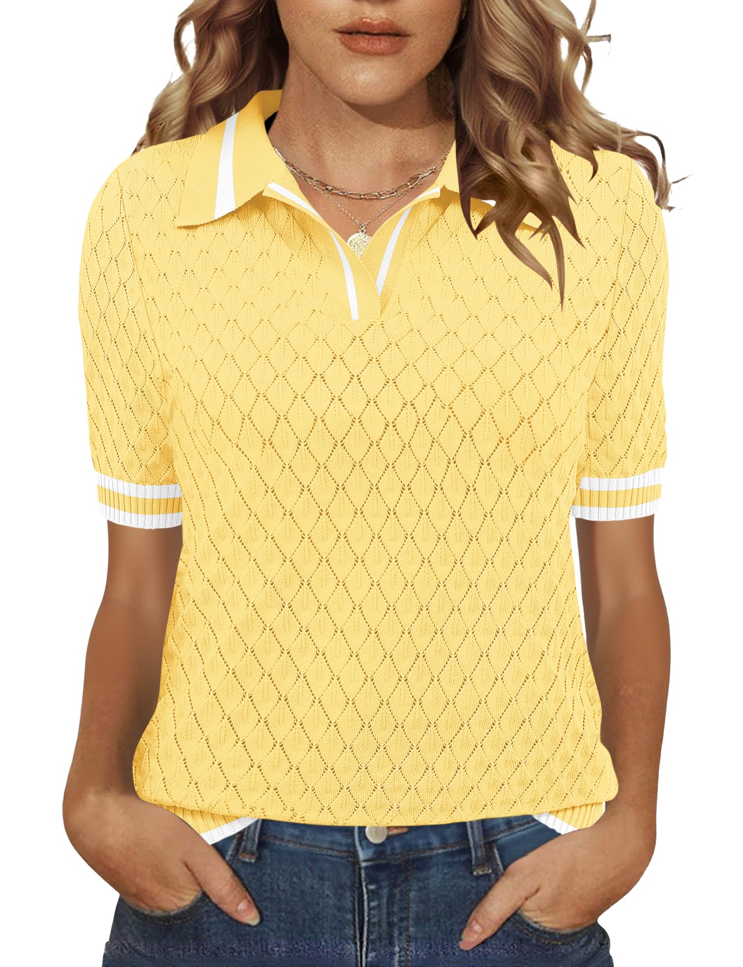 Womens Short Sleeve Knit Polo Shirts Summer Spring Sweater Tops