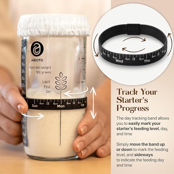 ABIOTO Sourdough Starter Kit, Includes 24 oz Sourdough Starter Jar with Metallic Lid, Silicone Spatula, Feeding Tracker, Extra Thermometer Strips & Breathable Covers - Sourdough Bread Starter Kit