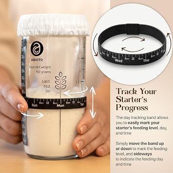 ABIOTO Sourdough Starter Kit, Includes 24 oz Sourdough Starter Jar with Metallic Lid, Silicone Spatula, Feeding Tracker, Extra Thermometer Strips & Breathable Covers - Sourdough Bread Starter Kit