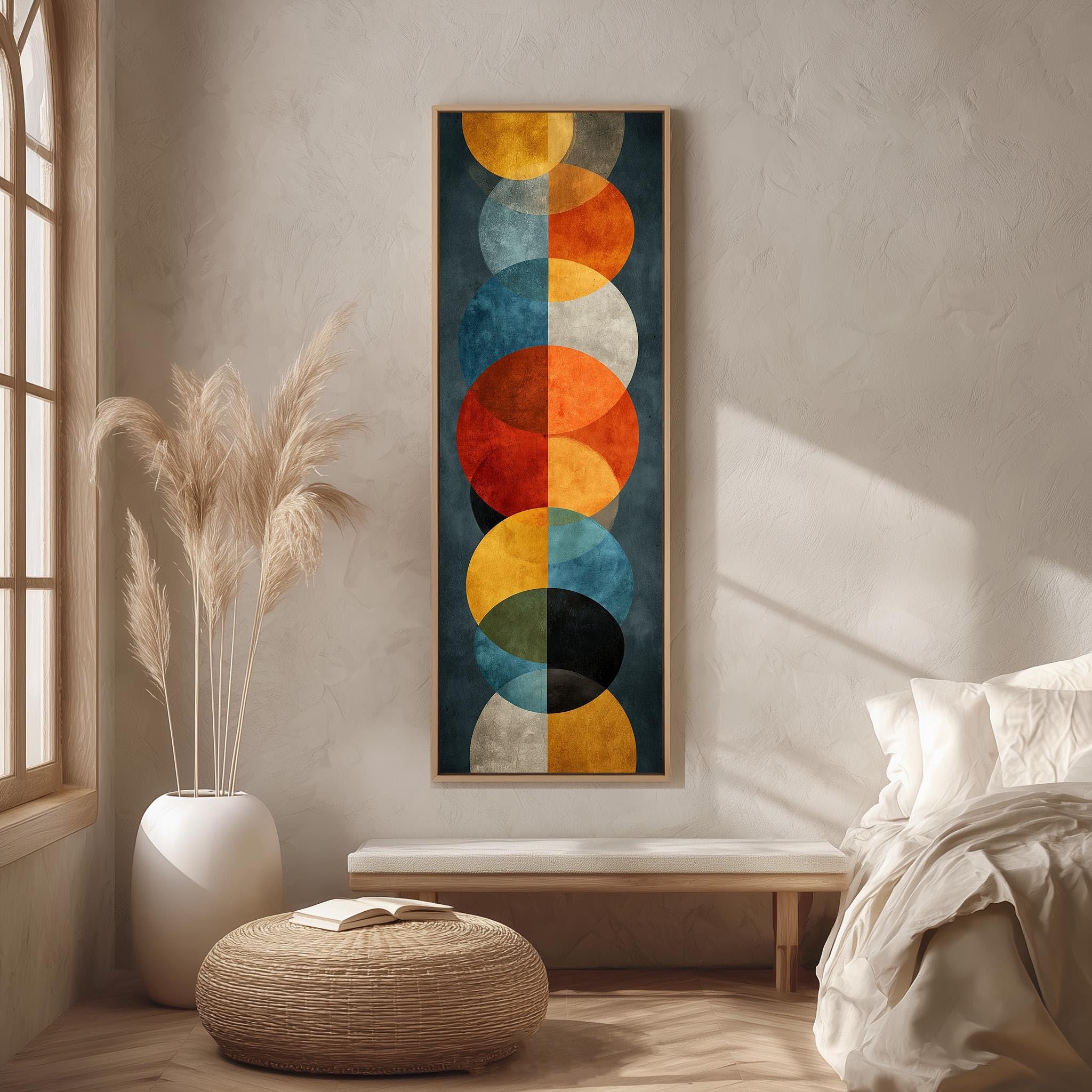 Geometryczna sztuka z połowy XX wieku, pionowe płótno, wysokie, wąskie pomarańczowo-turkusowe koła, dekoracja ścienna w stylu retro, wydruki plakatów w stylu vintage (60 x 180 cm/rama wewnętrzna)