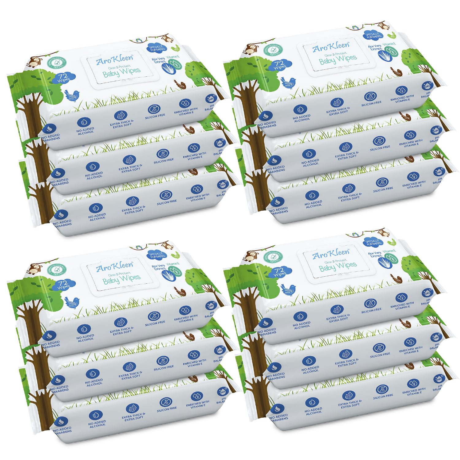 AROKLEEN Baby Wipes Aloe Vera Vitamin E 864 Count Thick Soft Wipes  Gentle Moisturizing Dermatologically Tested Pack of 12