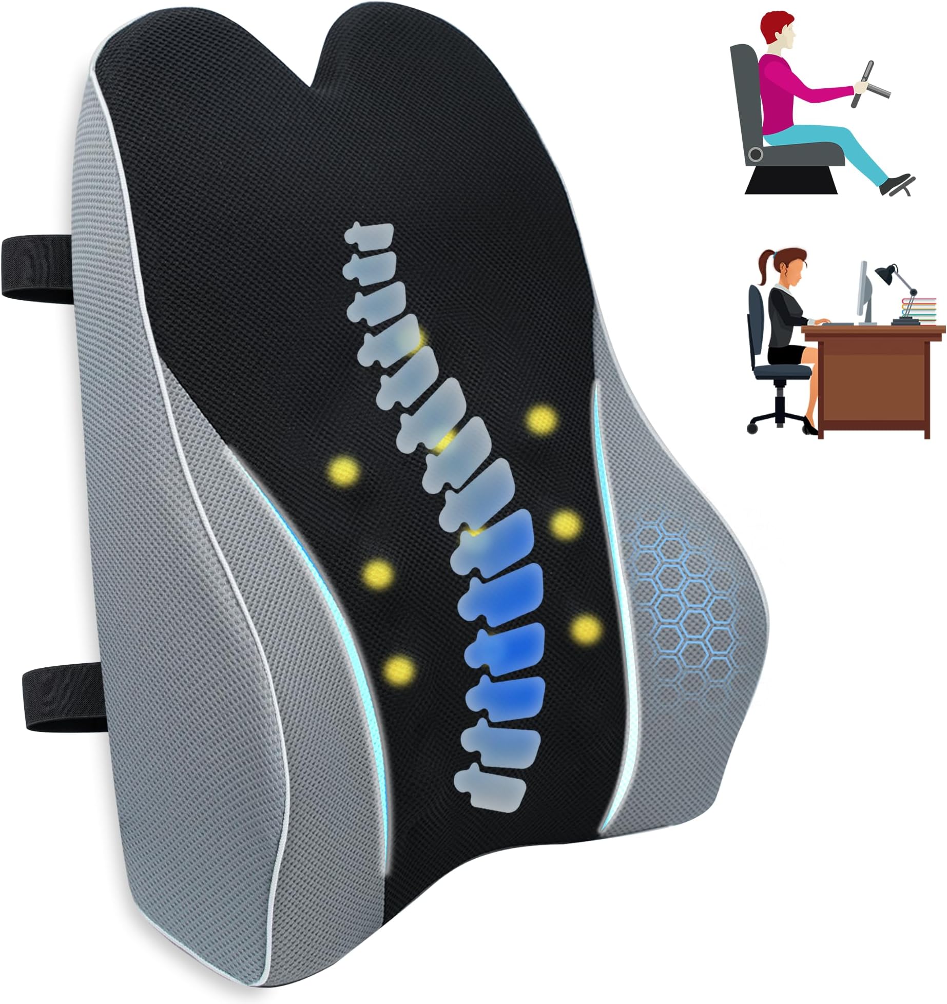 Lumbar Support Pillow for Office Chair, Ergonomic Memory Foam Lumbar Cushion for Back Pain Relief & Improve Sitting Posture, Back Support for Office Chair, Car, Desk Chair (Black&Gray)