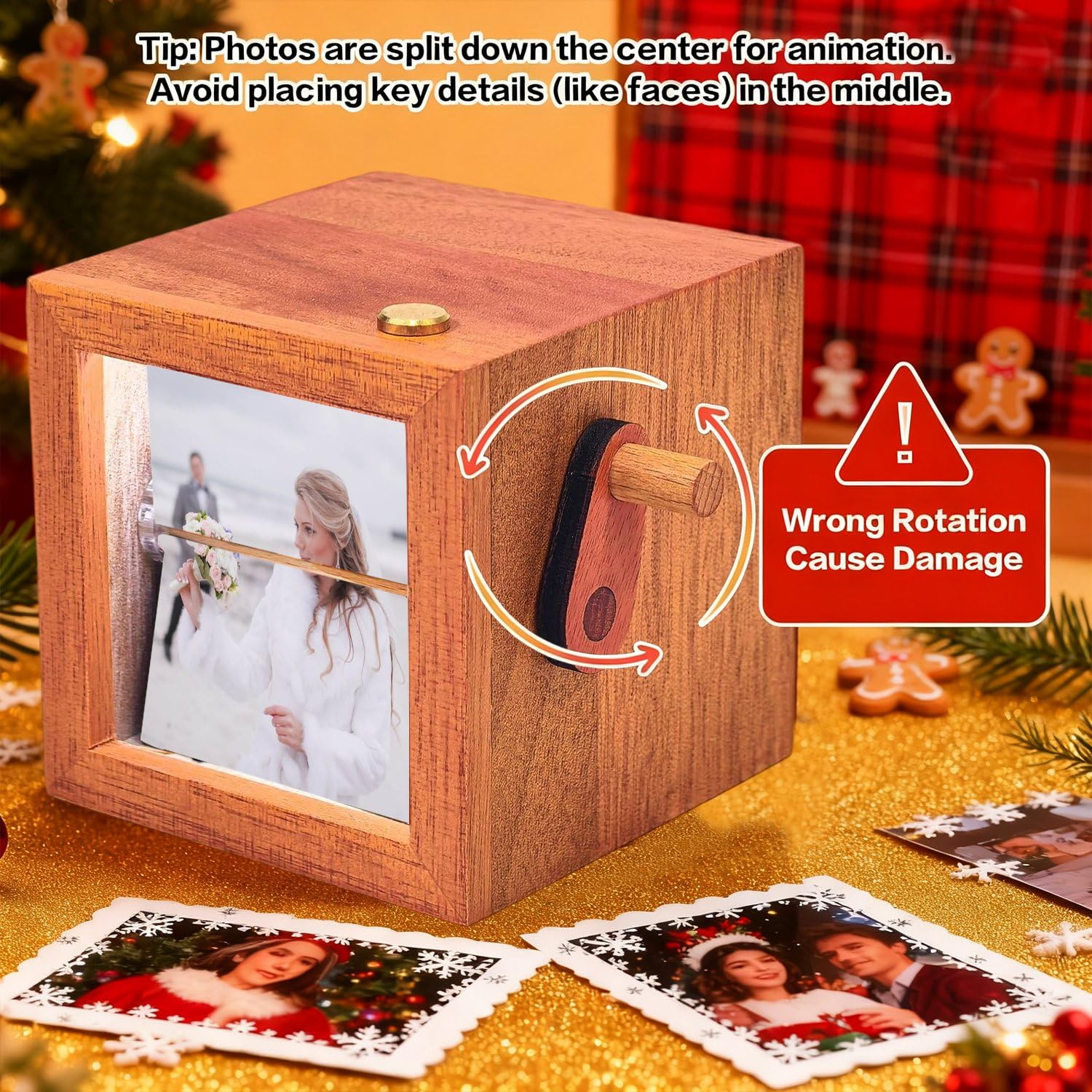 Caja de fotos mecánica giratoria personalizada, caja de fotos con manivela grabada personalizada, caja de fotos personalizada para boda, caja de historia de amor