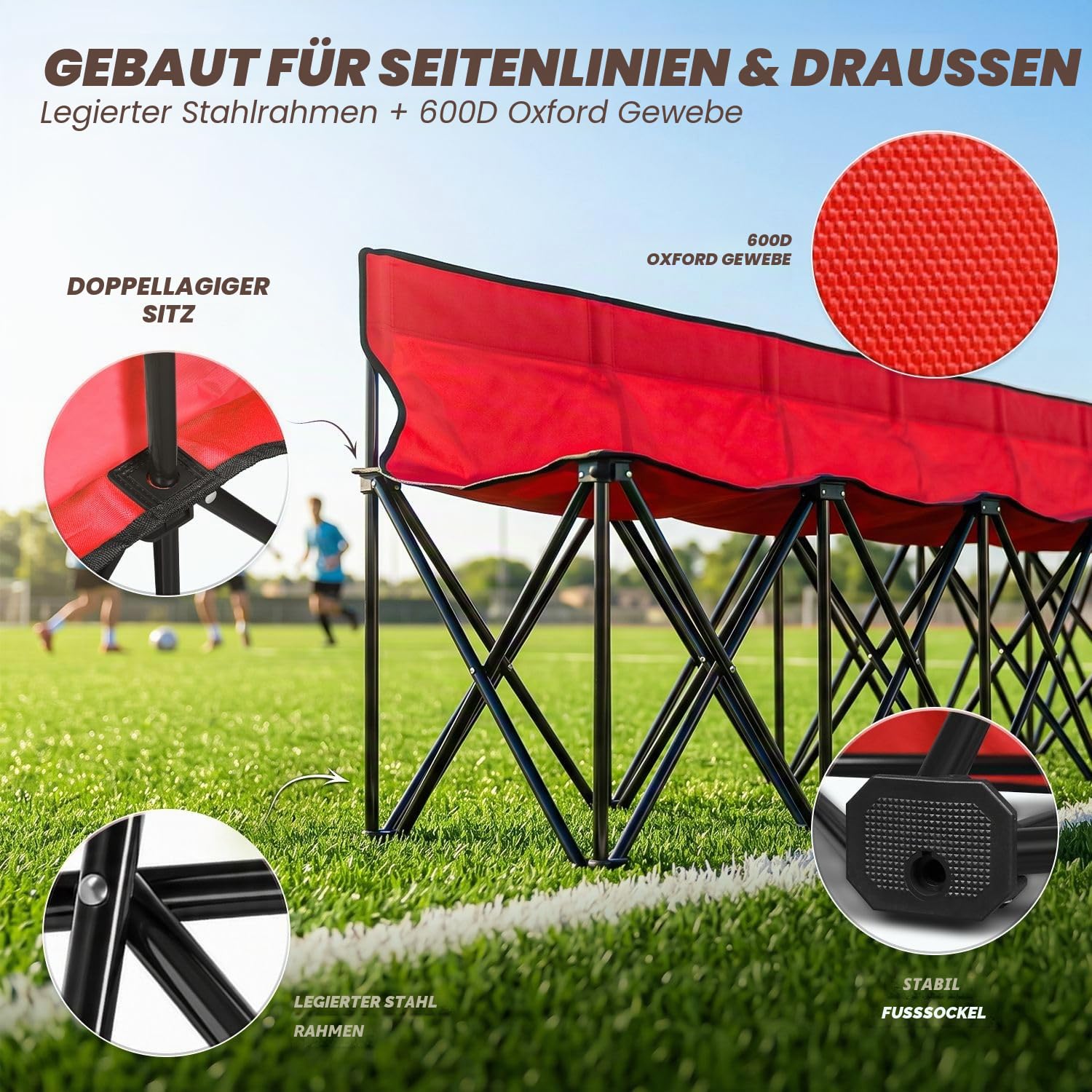 Flexzion Tragbare klappbare Sitzbank, 6‑Sitzer, zusammenklappbare Fußball-Bank, tragbare Sitzbank für Tribünen, Camping, Spielfeldrand, mit Rückenlehne und Tragetasche, Rot