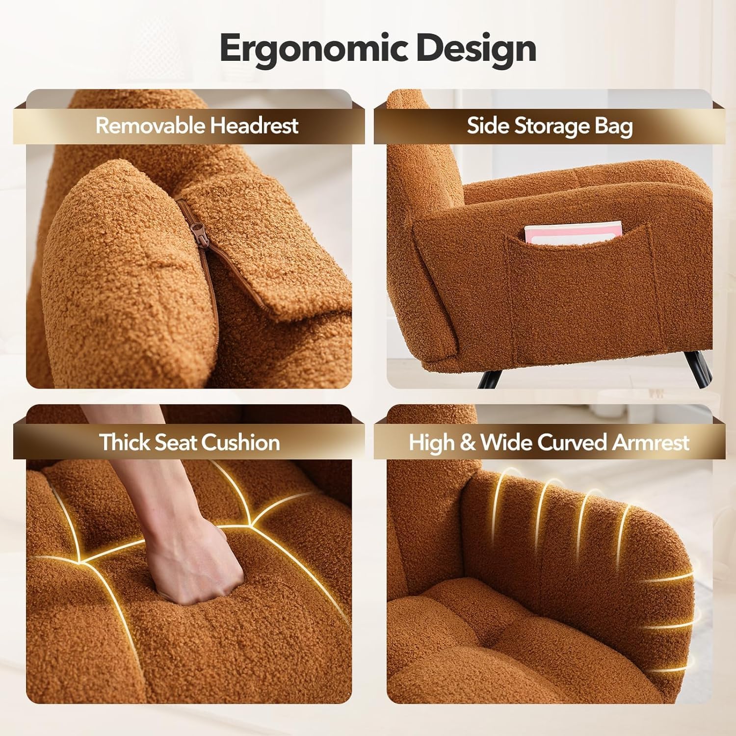 Fauteuil a Bascule, Fauteuil Allaitement pour Salon,Fauteuils Rembourrés en Peluche avec Dossier Haut, Cadre en Métal et Bois avec Poches Latérales,pour la Nurserie,Chambre, Marron