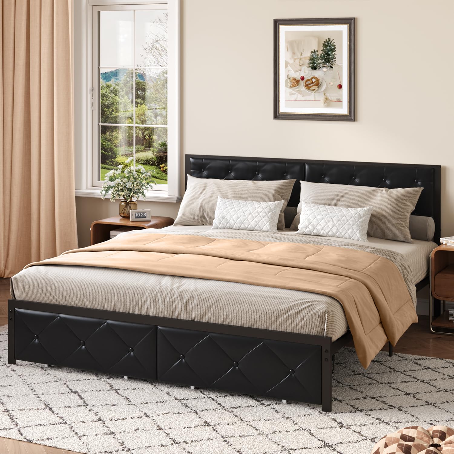Marco de Cama Matrimonio de 180 x 200 cm con Base de Carga y Cabezal Acolchado, Estructura de Cama de Metal con Cesta, Ruedas de Metal, Capacidad de Peso de 300 kg, fácil de Montar