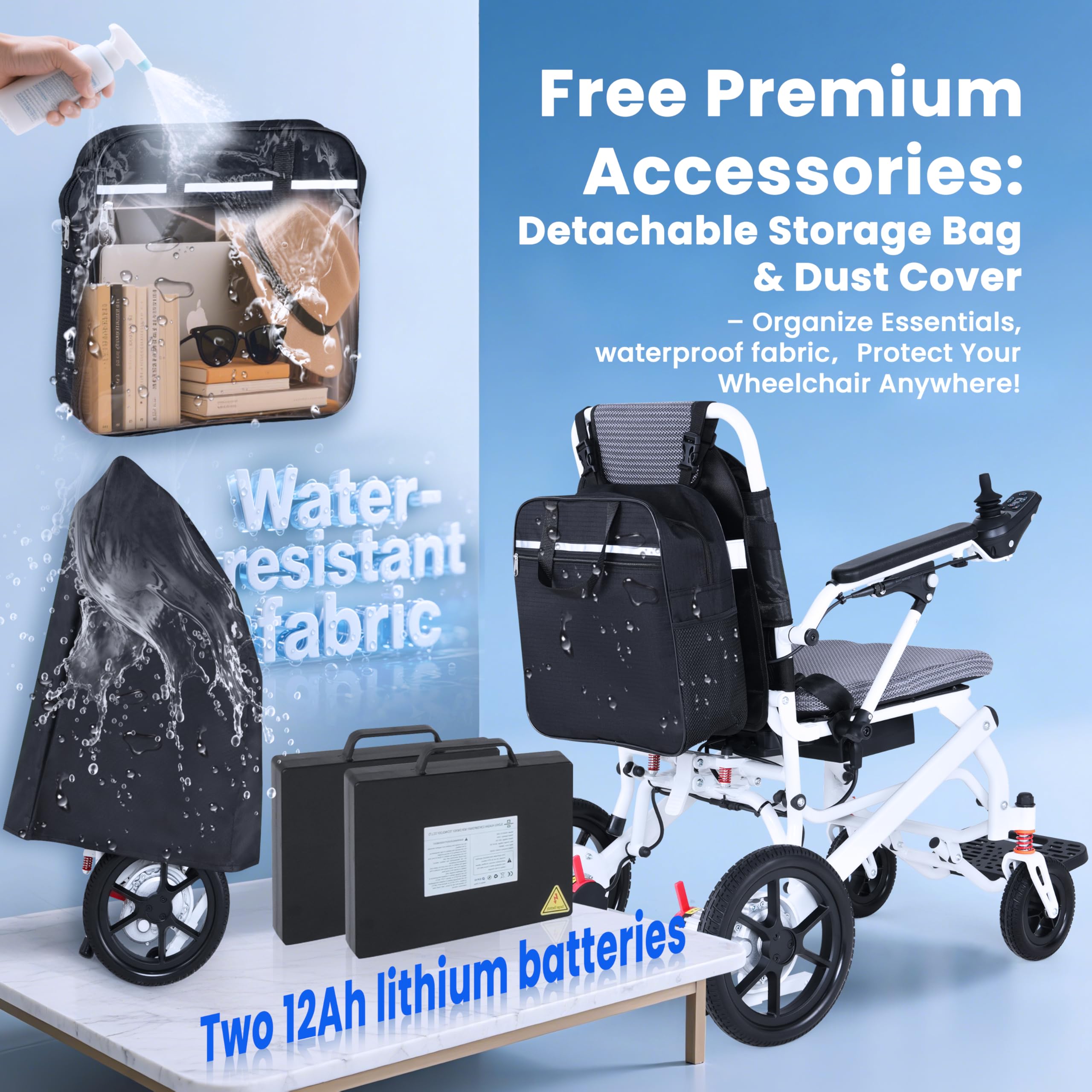Silla de ruedas eléctrica plegable ligera de 18 kg, 2 baterías de litio de 12 Ah, alcance de 48 km, silla de ruedas eléctrica compacta y plegable, homologada para viajes en avión
