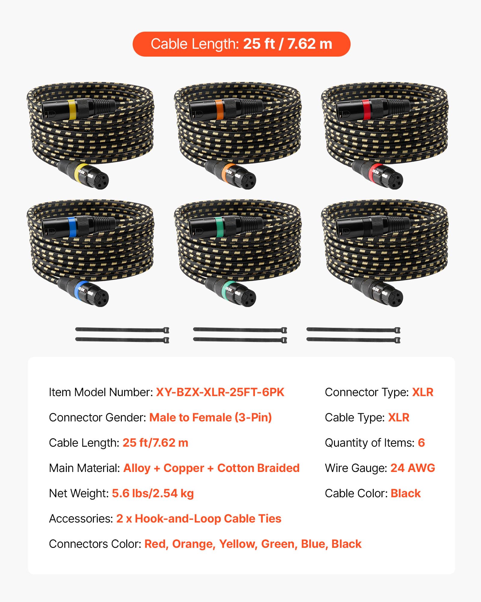 VEVOR Cavo Audio Cannon XLR da 7,62 m, 6 Pezzi, Cavi per Microfono DMX Bilanciati Schermati da Maschio a Femmina, Cavi a 3 Pin Placcati in Oro, per Illuminazione da Palco, Sistemi di Altoparlanti