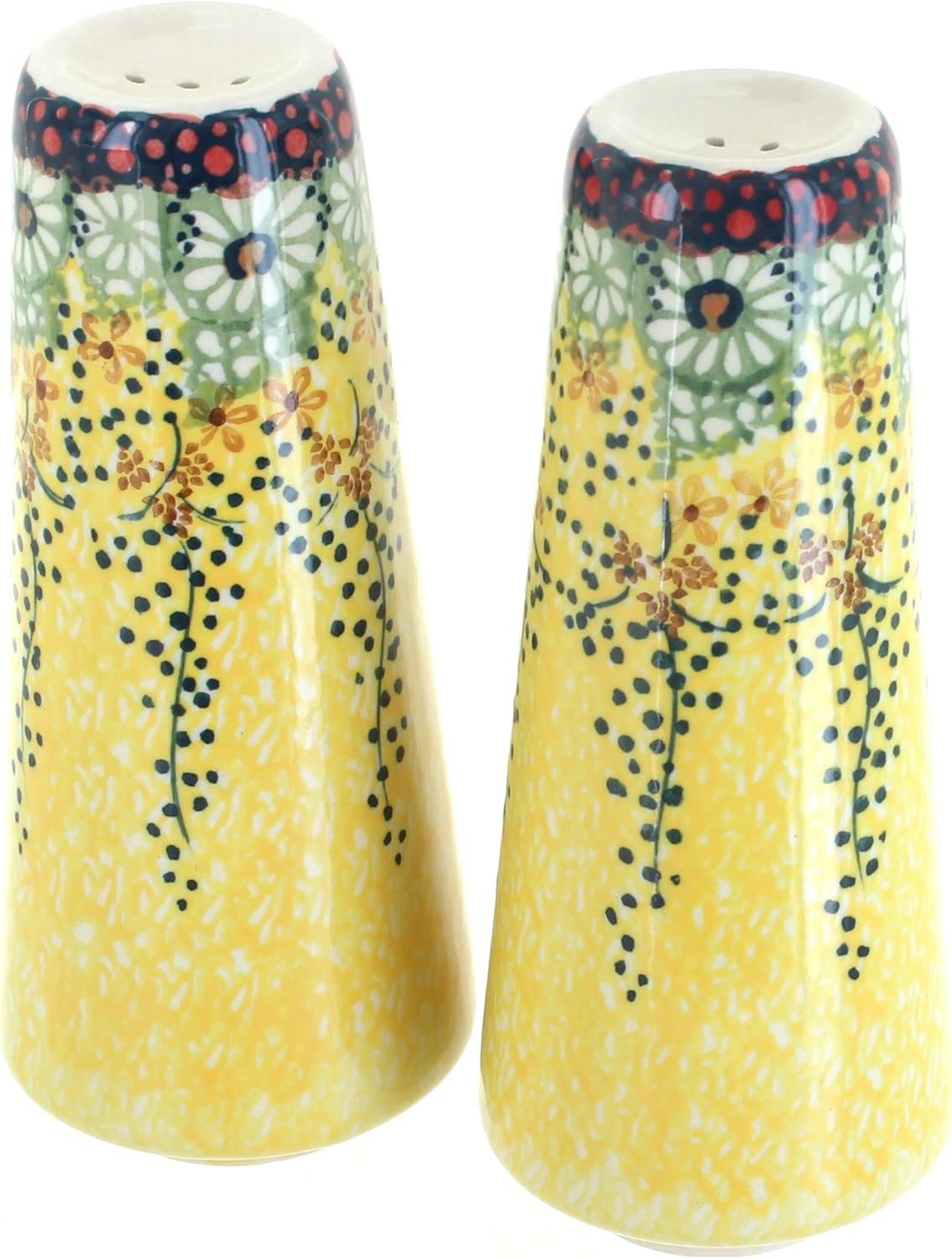 Blue Rose Polish Pottery - Yellow Peach Blossom Salt & Pepper Shakers - 6" Tall - Hand-Painted Ceramic Seasoning Set for Table & Kitchen