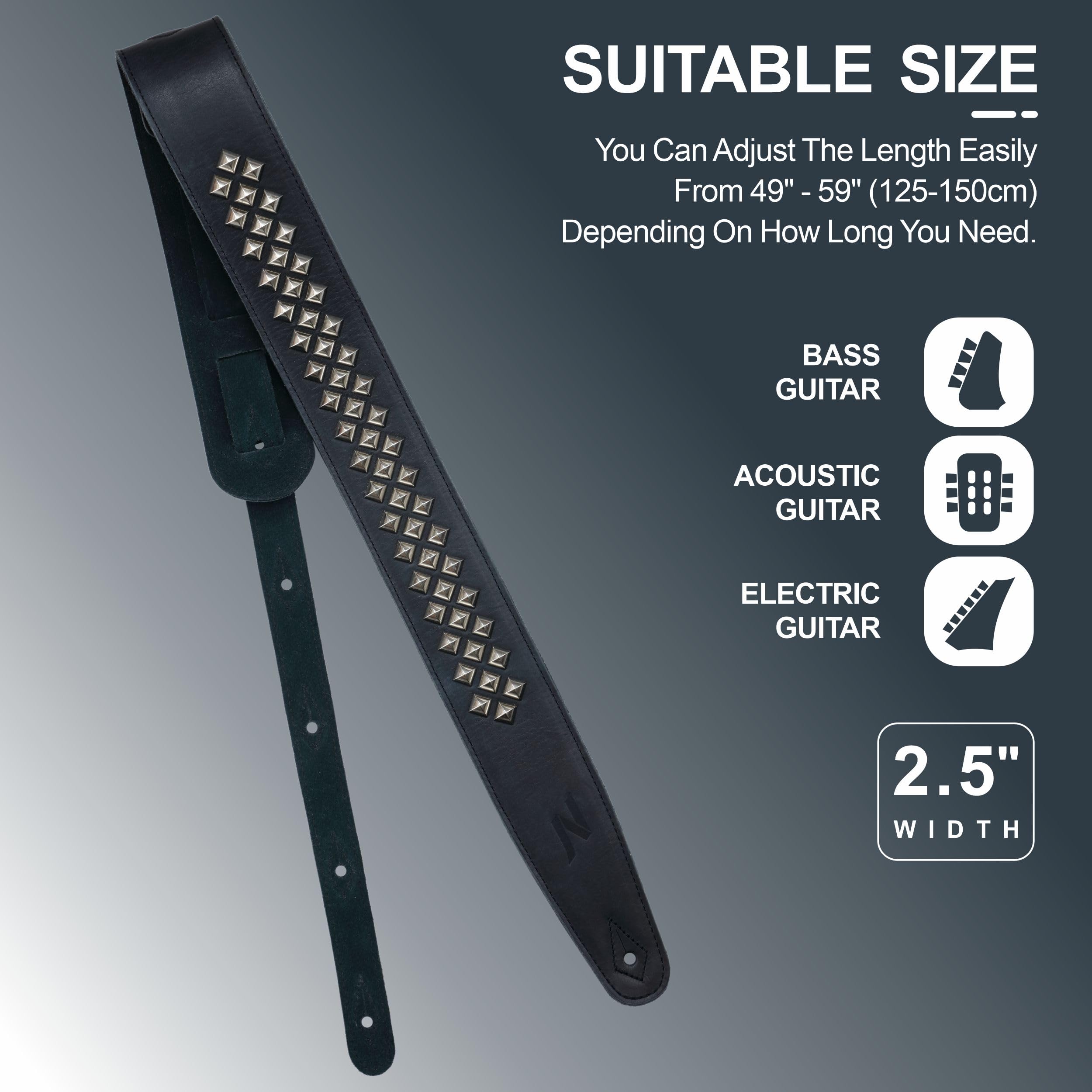 Nefelibata Tracolla per chitarra in pelle pieno fiore imbottitura in schiuma e rivetti quadrati in argento diamantato per chitarre elettriche, acustiche e bassi (larghezza 2,5", nero carbone)