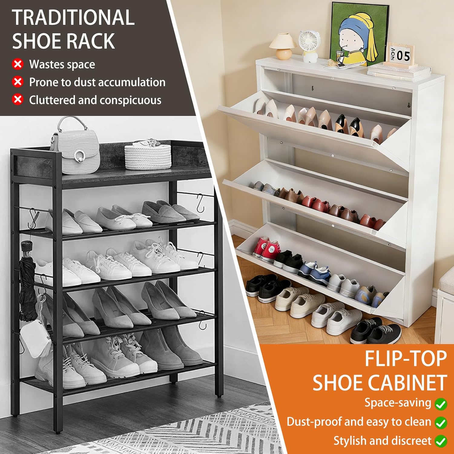 Shoe Cabinet with 3 Flip Drawers, Steel Hidden Shoe Cabinet Storage for Entryway, Modern Narrow Shoe Rack Organizer Cabinets, Wall Mounted Shoe Organizer for Hallway