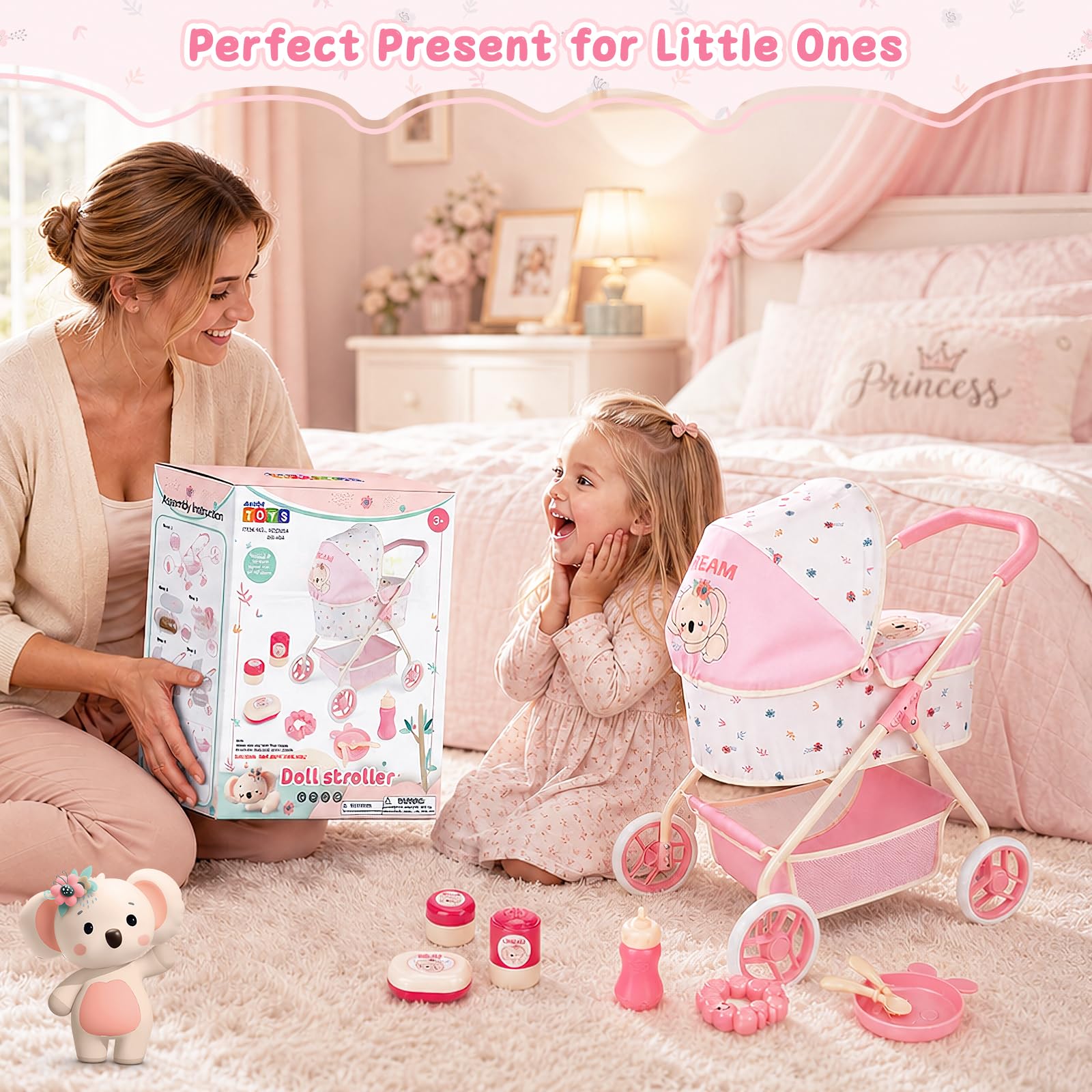 deAO Poussette Poupee 2 en 1 avec Capote pour Poupées 60 * 49.5 * 36.5cm | Roues Silencieuses pour Intérieur et Extérieur, Compacte, Landau et Canne pour Poupées jusqu'à 38 cm