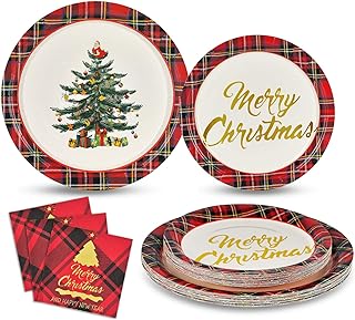 200 Pcs Merry Christmas Paper Dinnerware Set Christmas Tree Paper Plates and Napkins Christmas Party Supplies Including 50 Paper Plates 50 Dessert Plates 100 Napkins, Serves 50 Guests