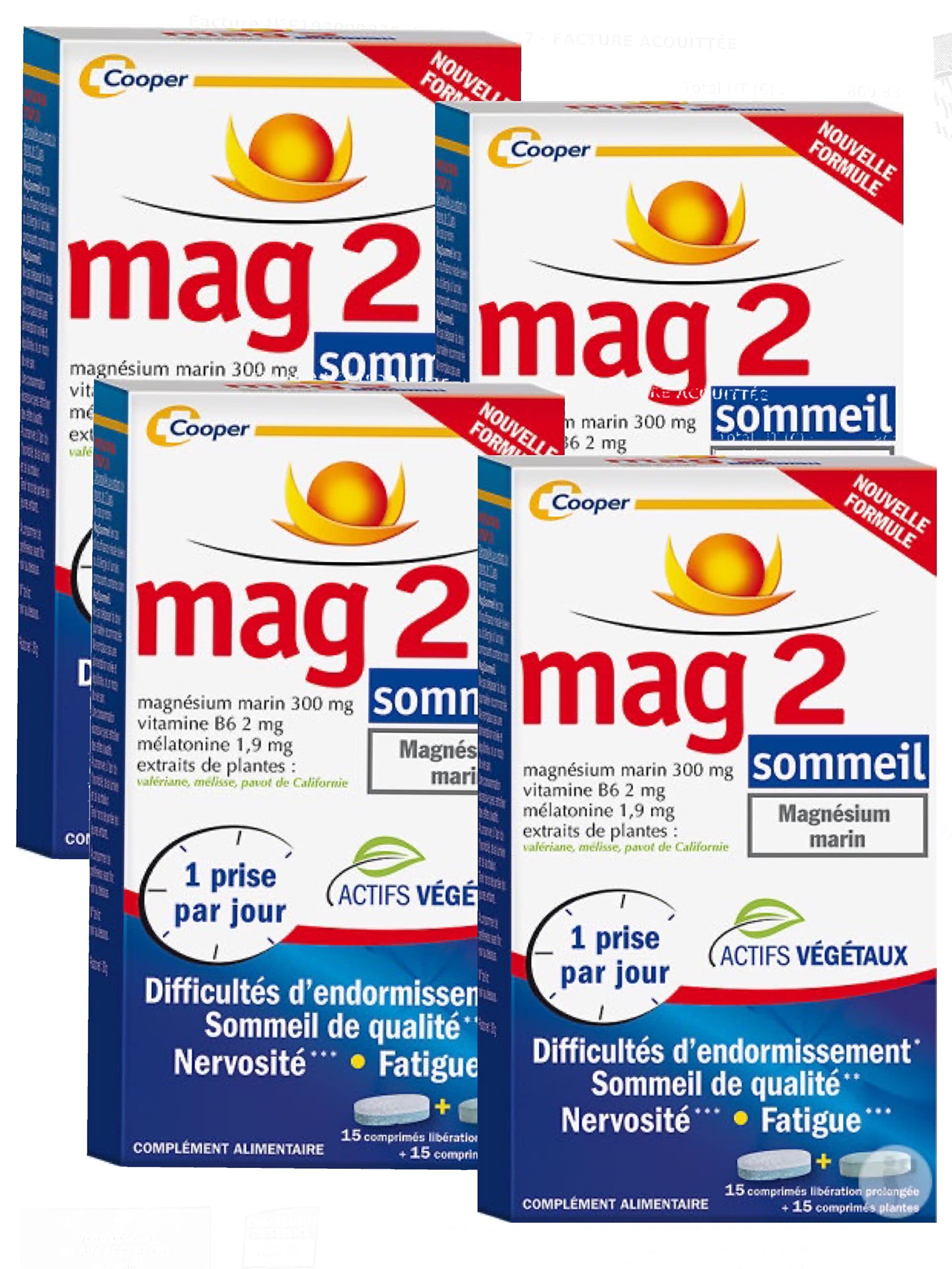 Mag 2 Sommeil Pack 2 Mois - NOUVELLE FORMULE - Difficultés d'endormissement, nervosité, fatigue - Lot de 4 x (15 comp LP + 15 comp. plantes)