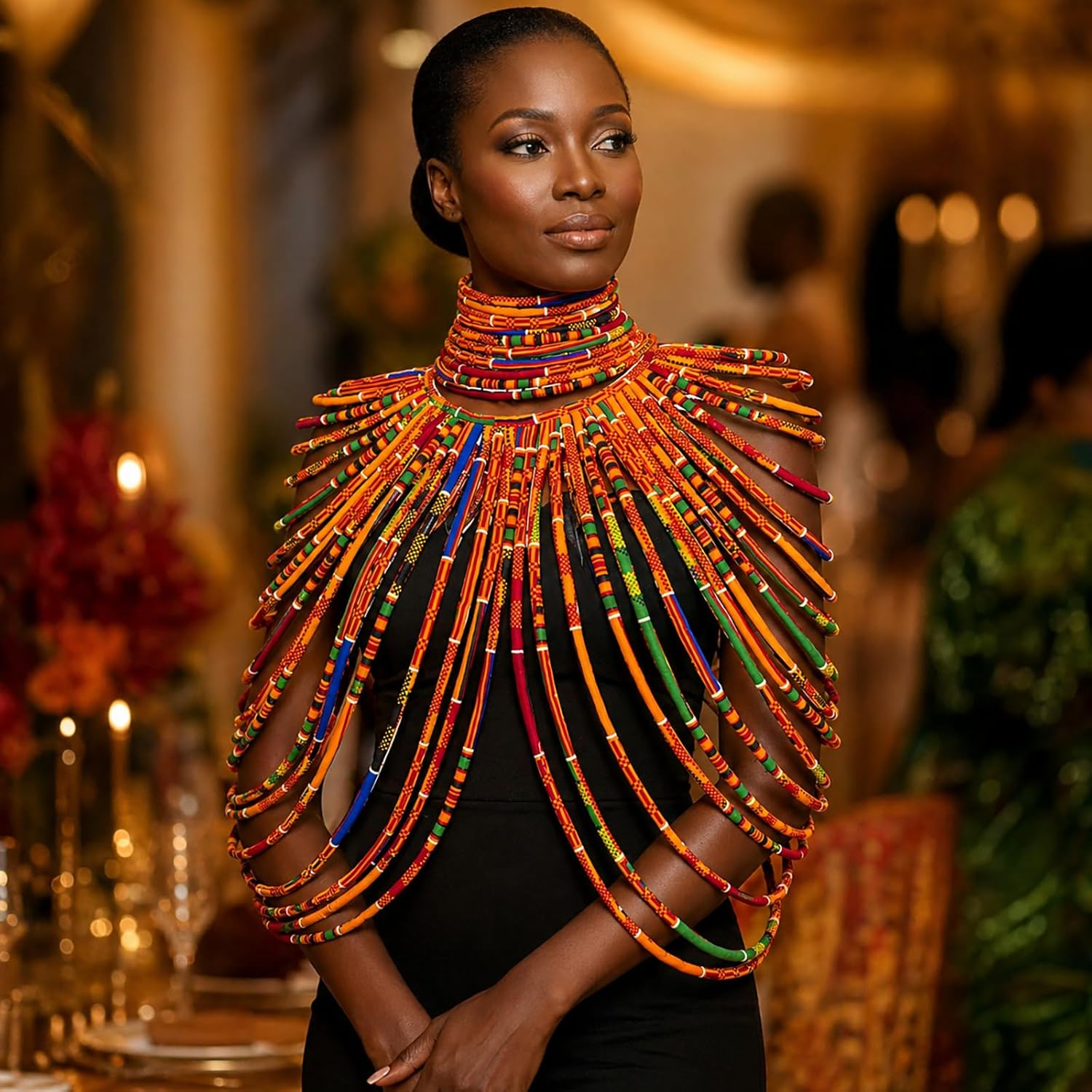 African Necklace for Women, Ankara Multi-Strand Fabric Shawl-Style Statement Necklace, Handmade Tribal African Jewelry for Party, Festival & Wedding