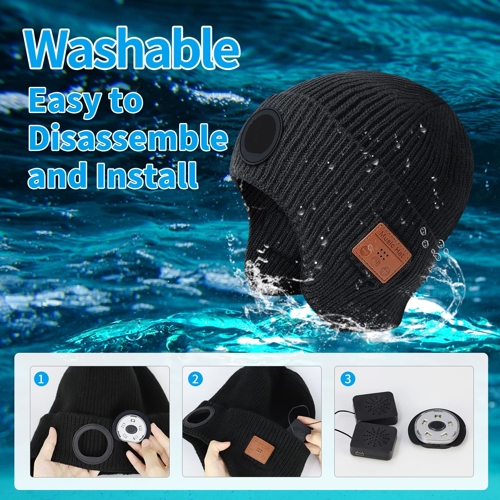 Mens Gifts Bluetooth Beanie with Light, Built-in Stereo Speaker Mic and 5 LED for Fishing Hiking & Working, Stocking Stuffers