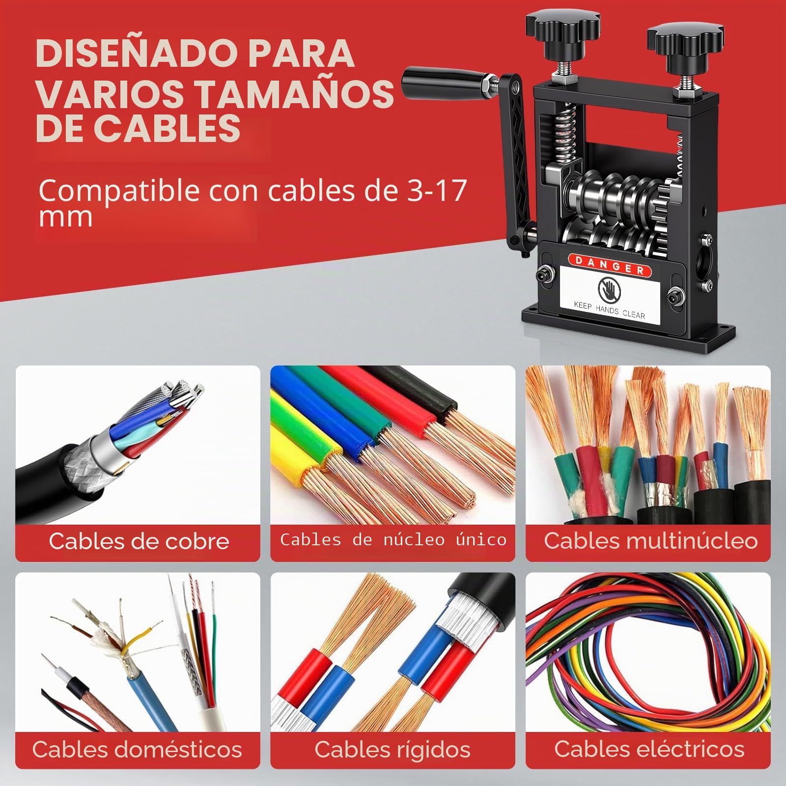 Pelacables,Maquina de Pelar Cable de Cobre, Bekasa Maquina Pelacables Cobre Automático Manual con 6 Canales y 6 Cuchillas,3-17mm Máquina Peladora de Cables para Reciclar Chatarra de Cables | Con 6 canales y 5 cuchillas, una cuchilla adicional, herramienta