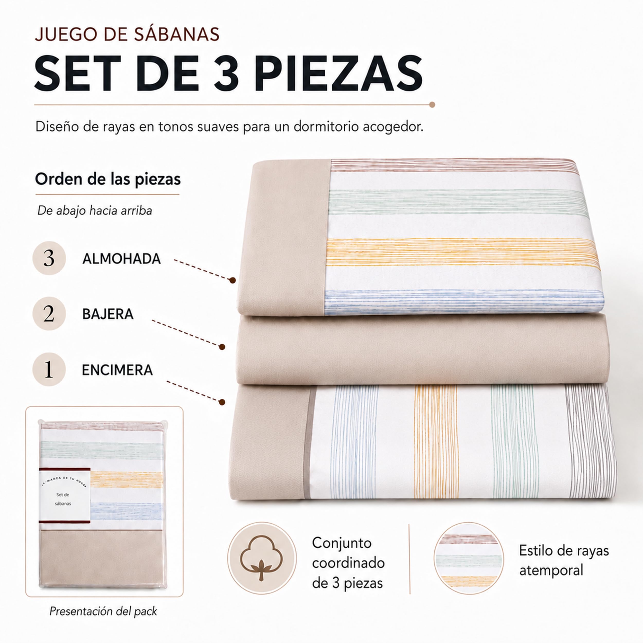 BESCH Set de Sábanas 3 Piezas para Cama 150, Juego de Sábanas con Encimera, Bajera Ajustable y Funda de Almohada, 48% Algodón 52% Poliéster, Oeko Tex, Fabricado en España