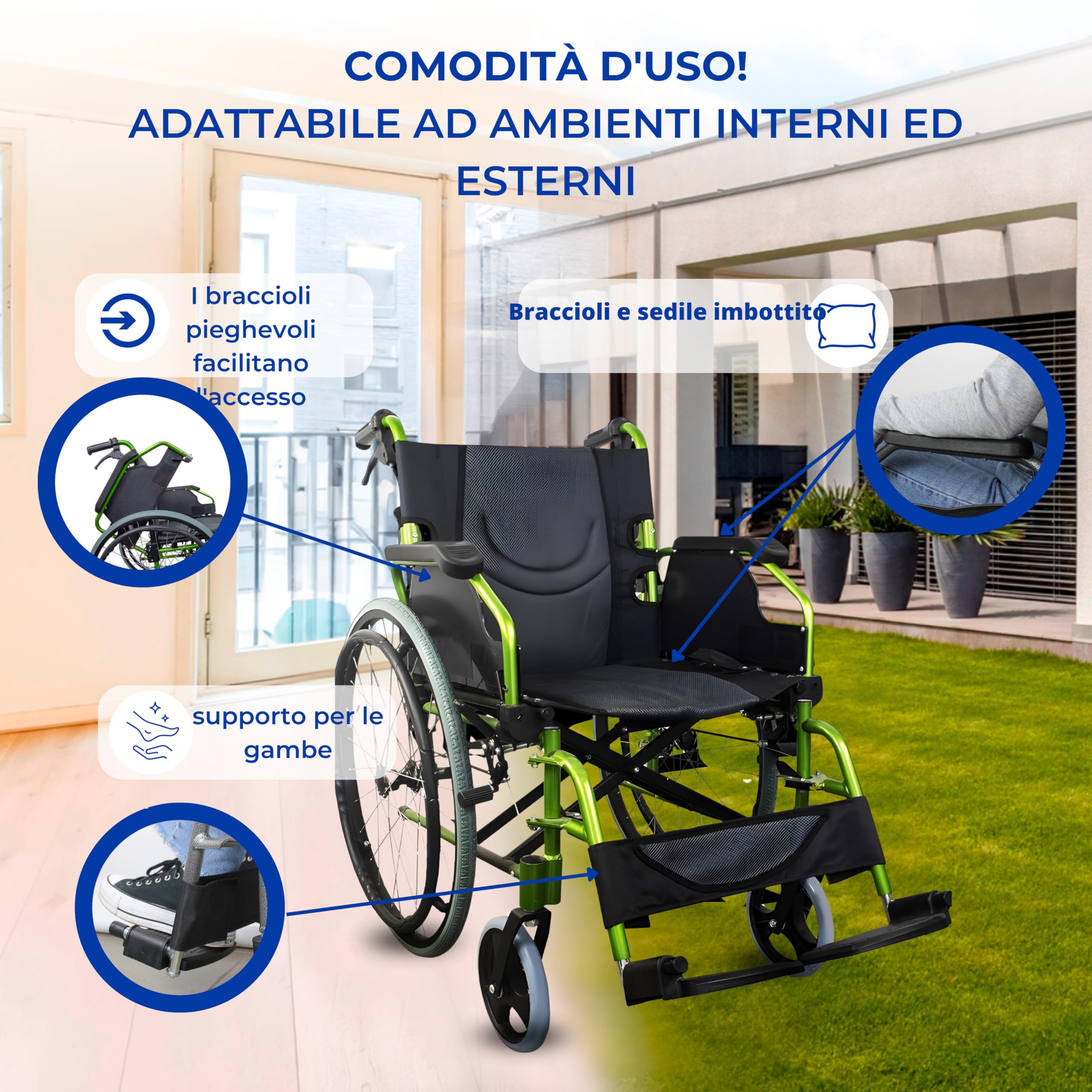 Mobiclinic®, Sedia a rotelle pieghevole, Bolonia, Alluminio, Braccioli pieghevoli, Poggiapiedi rimovibili, Schienale diviso, Per anziani, Leggera, Max. 110 kg, Seduta 46 cm, Colore verde