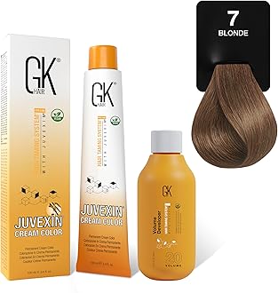 GK HAIR Global Keratin Natural 7 Blonde Hair Color Cream Tube (3.4 Fl Oz/100ml) + 20 Volume Developer (5 Fl Oz/150ml) - Professional Permanent Long Lasting Toner Dye