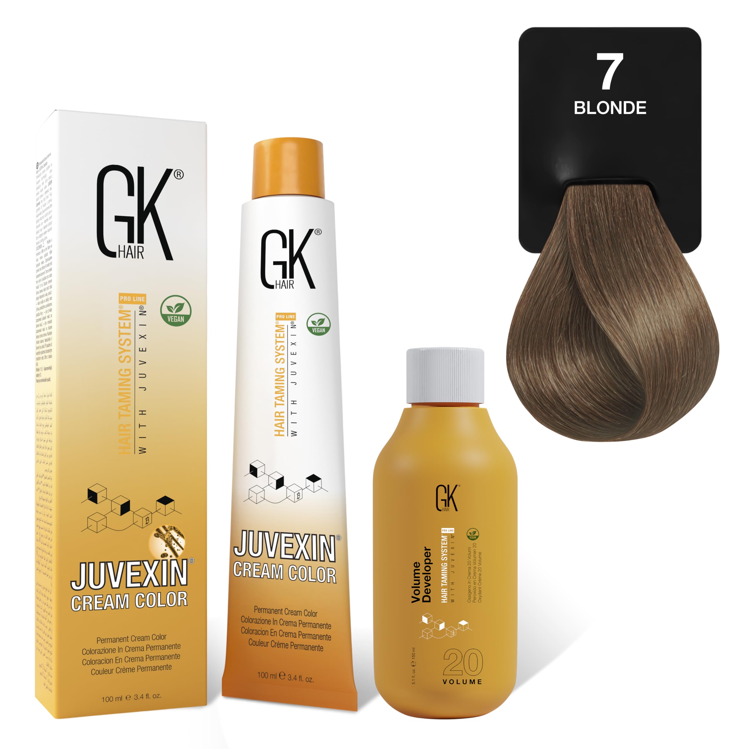 GK HAIR Global Keratin Natural 7 Blonde Hair Color Cream Tube (3.4 Fl Oz/100ml) + 20 Volume Developer (5 Fl Oz/150ml) - Professional Permanent Long Lasting Toner Dye