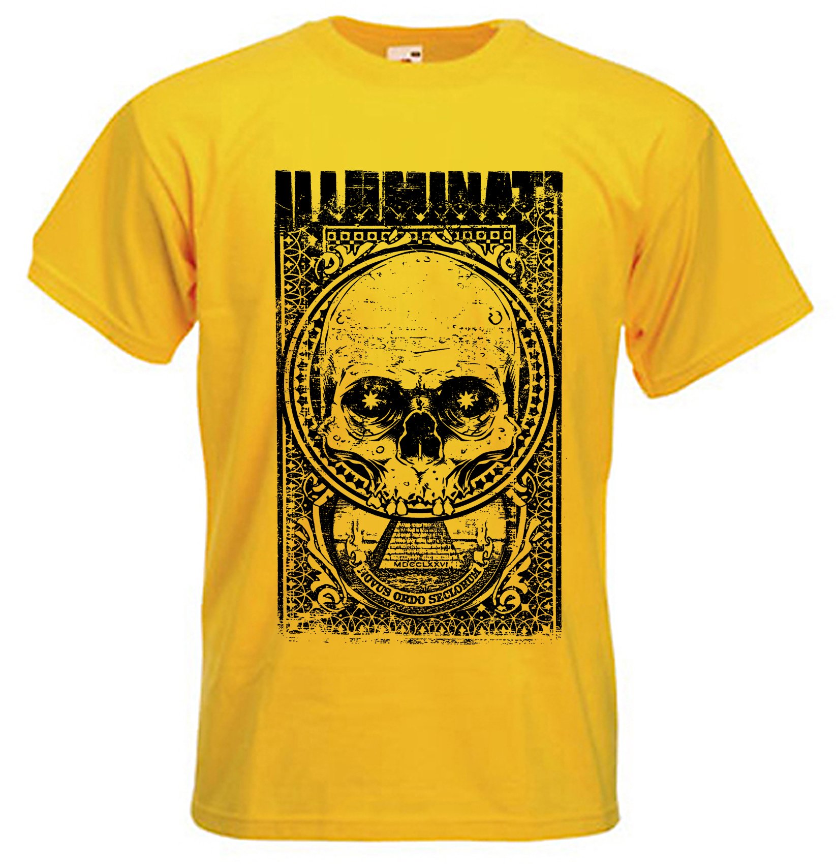 Tribal T-Shirts Men's Yellow Illuminati Skull T-Shirt (Medium, )