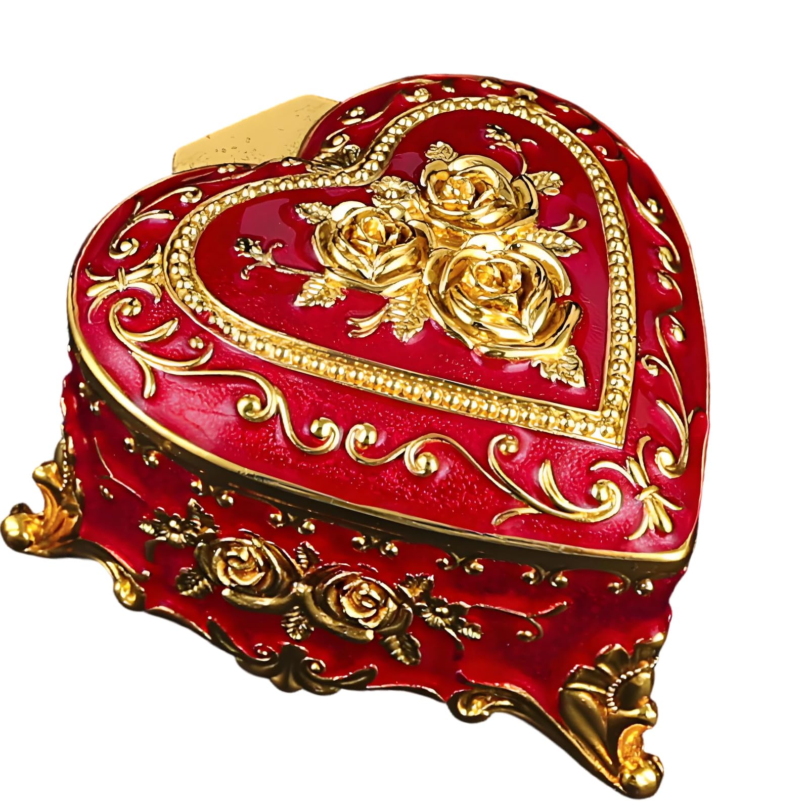 Zinc Alloy Heart Shaped Jewelry Box with Rose Embossed Detail, Decorative Storage for Earrings, Necklaces and Display Heart Shaped Jewelry Box Rose Embossed Trinket Storage Zinc Alloy Vanity Dresser