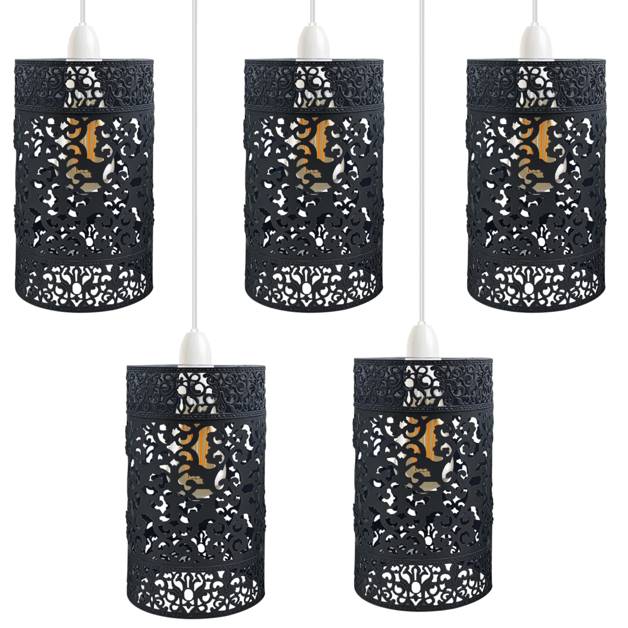Metal Easy Fit Drum Cage Ceiling Light Shade Hollow Out Lamp Shade for Ceiling Pendant Light for Kitchen, Hall (Pattern 6 Black - 5 Pack)