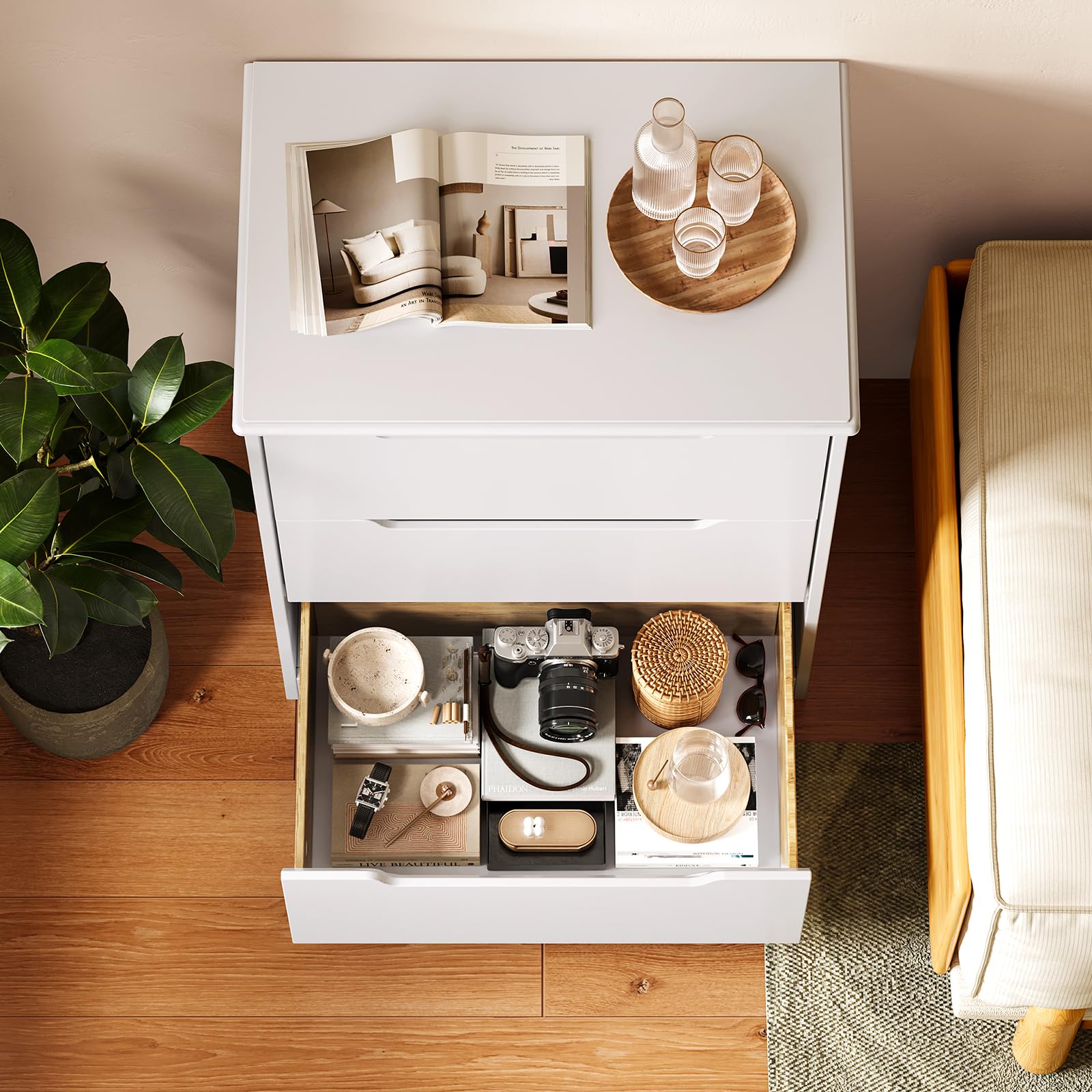 Bealife Cómoda 3 Cajones, Comodas y Cajoneras Dormitorio, Cómoda Dormitorio, Armario de Almacenamiento, para Dormitorios Salón, Pasillo, 82 x 60 x 40cm(Blanco)