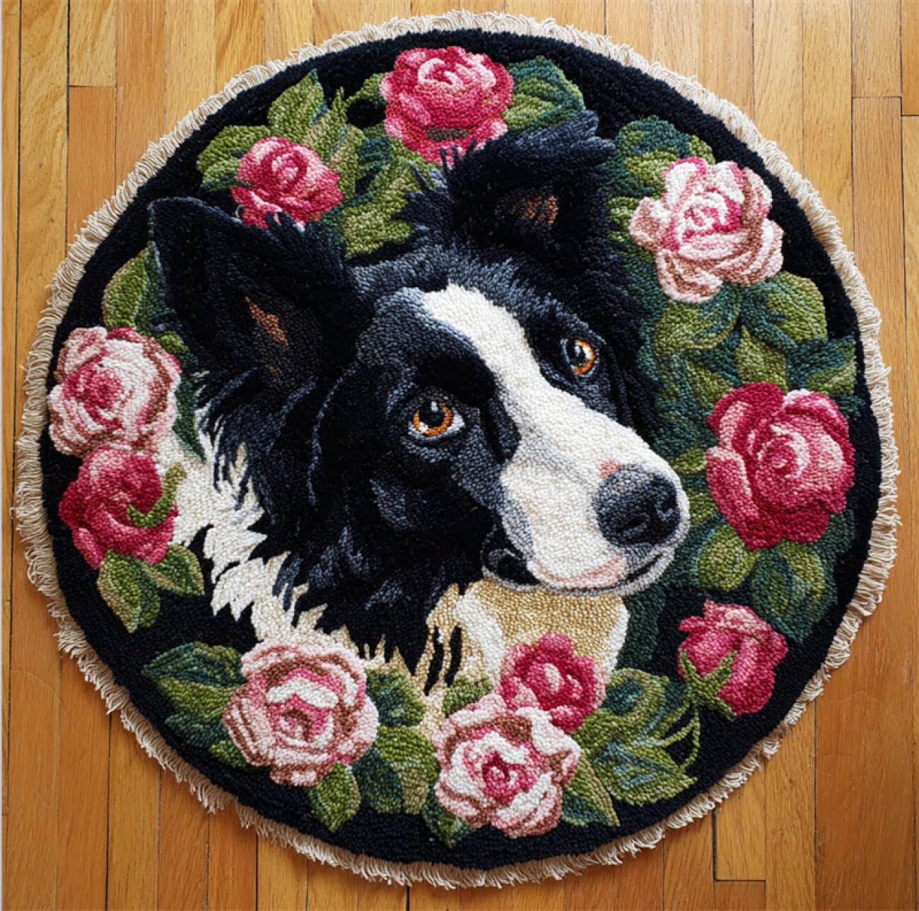 Kitquiver Dog Animal Latch Hook Craft Kits Border Collies and Flowers Knitting Kits for Adults Latch Hook Canvas DIY Rugs Crochet Yarn Set Embroidery Kit 50x50cm