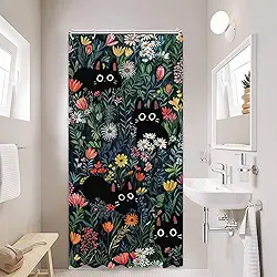 Cortina de chuveiro de gato fofo engraçado gatos pretos boho floral margarida cortina de chuveiro para banheiro divertido gatinho animal flores silvestres casa de fazenda tecido impermeável cortina de