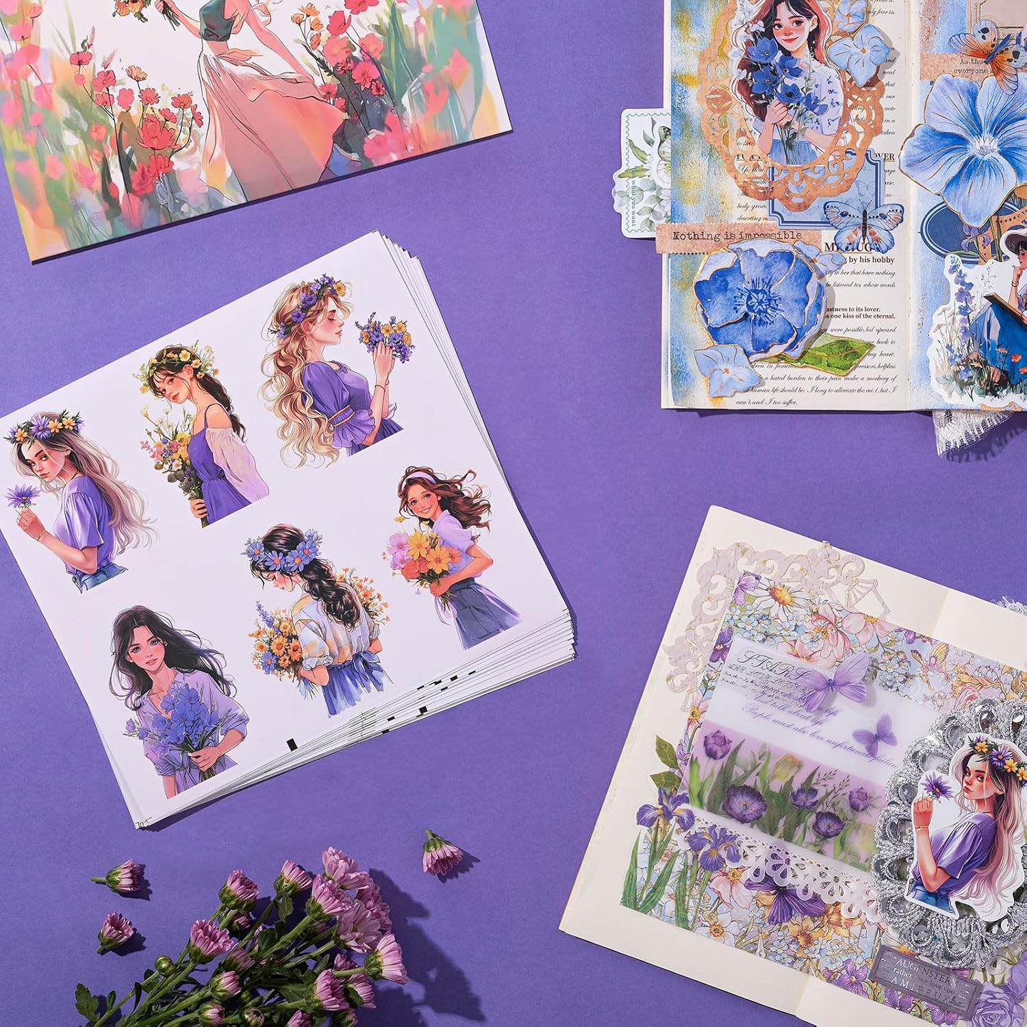 JOYCHOIC Scrapbook Stickers Set, 120Pcs Flower Sticker for Journaling and Scrapbooking, Junk Journal Supplies, PET Transparent Materials, Women People Ladies Planner DIY Arts Craft image 2