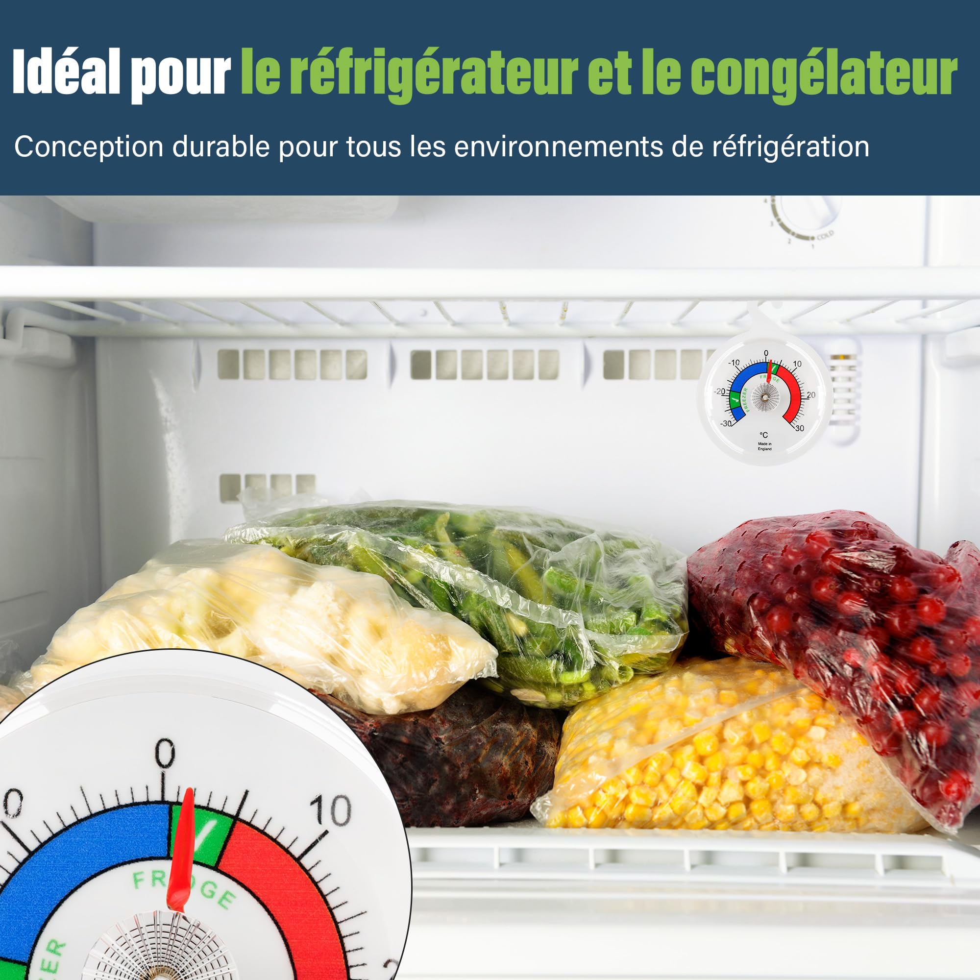 Lot de 2 thermomètres de réfrigérateur à cadran 65 mm zones colorées