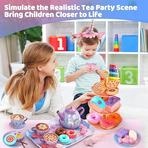 Vista 5 de Juego de 55 piezas de fiesta de té para niñas pequeñas, juego de fiesta de té de princesa, juego de té de lata de unicornio para niños, juguete