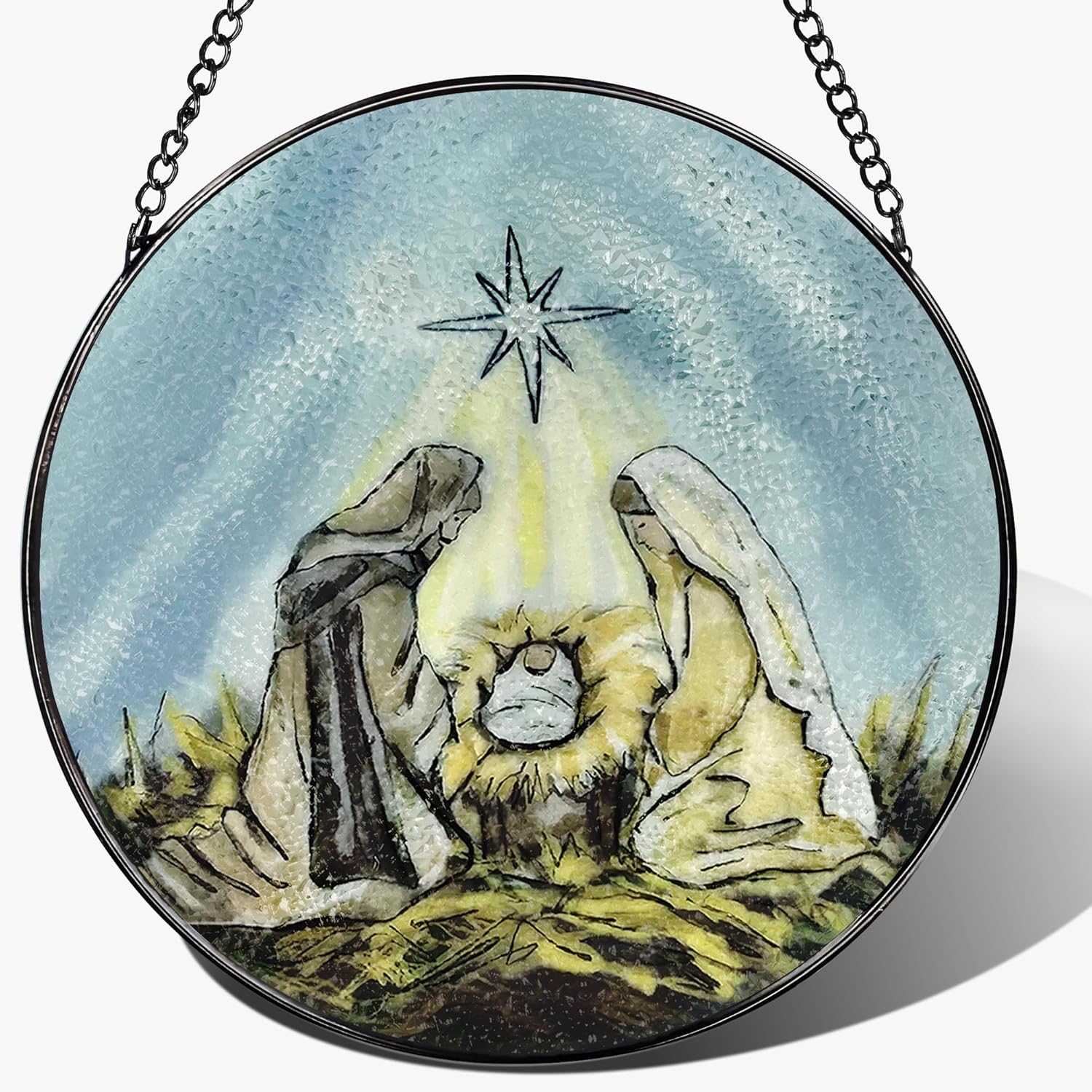 8'' Stained Glass Window Hanging, Nativity Ornament, Religious Suncatcher Ornament,...