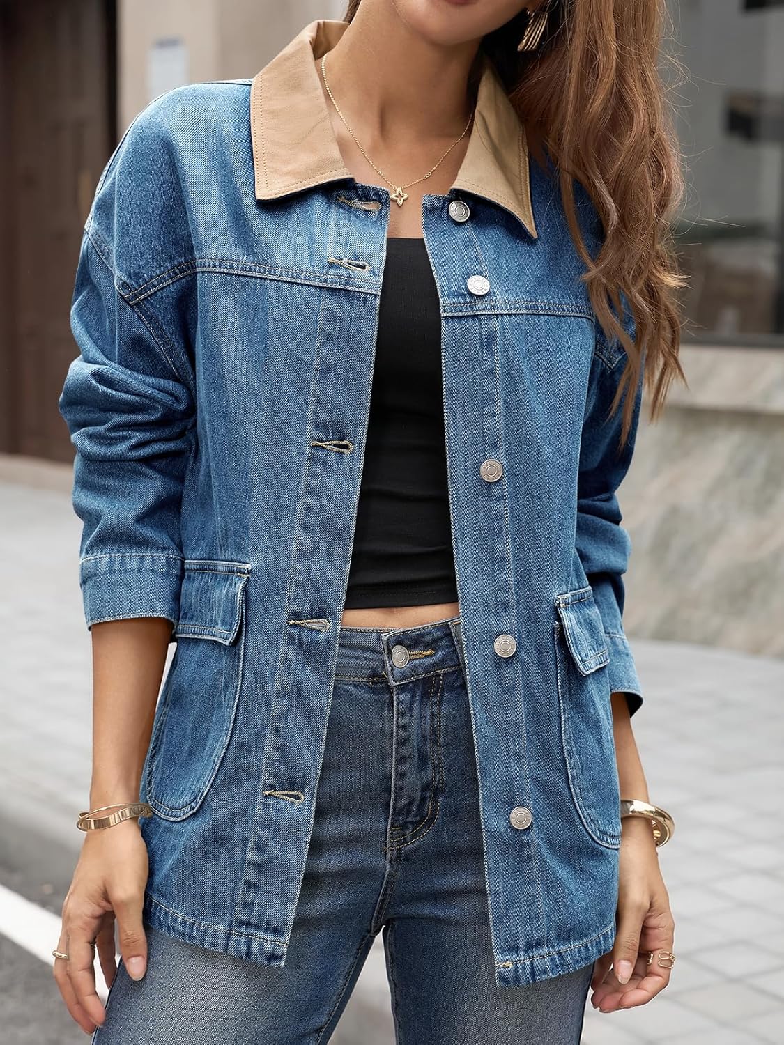 Tankaneo Womens Oversized Denim Jacket Casual Contrast Canvas Collar Button Down Jean Jackets with Pockets - Image 3
