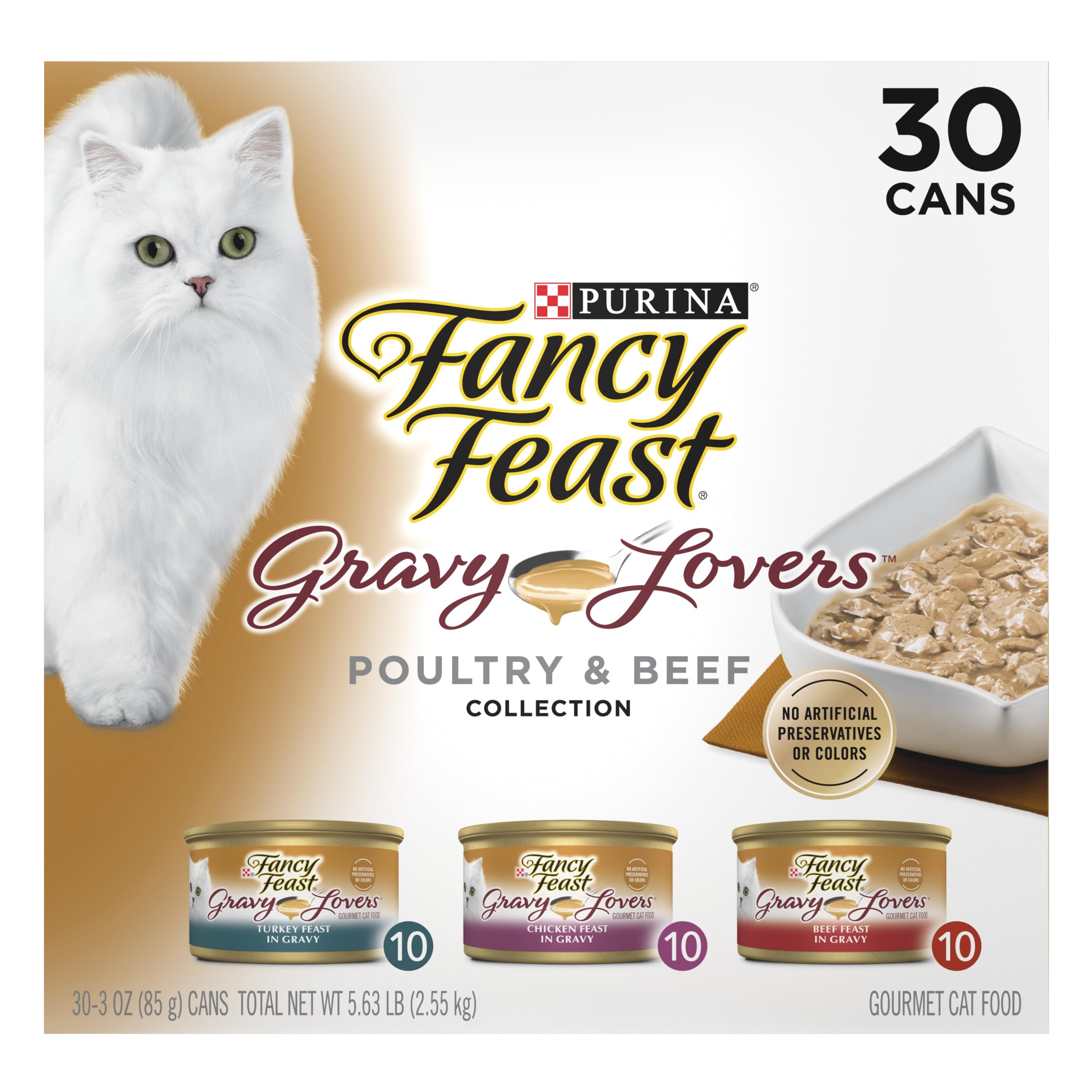 Purina Fancy Feast Gravy Lovers Wet Cat Food, 3 oz Cans, 30-Pack | Variety Pack with poultry and beef grilled gourmet recipes, made with no artificial colors or preservatives