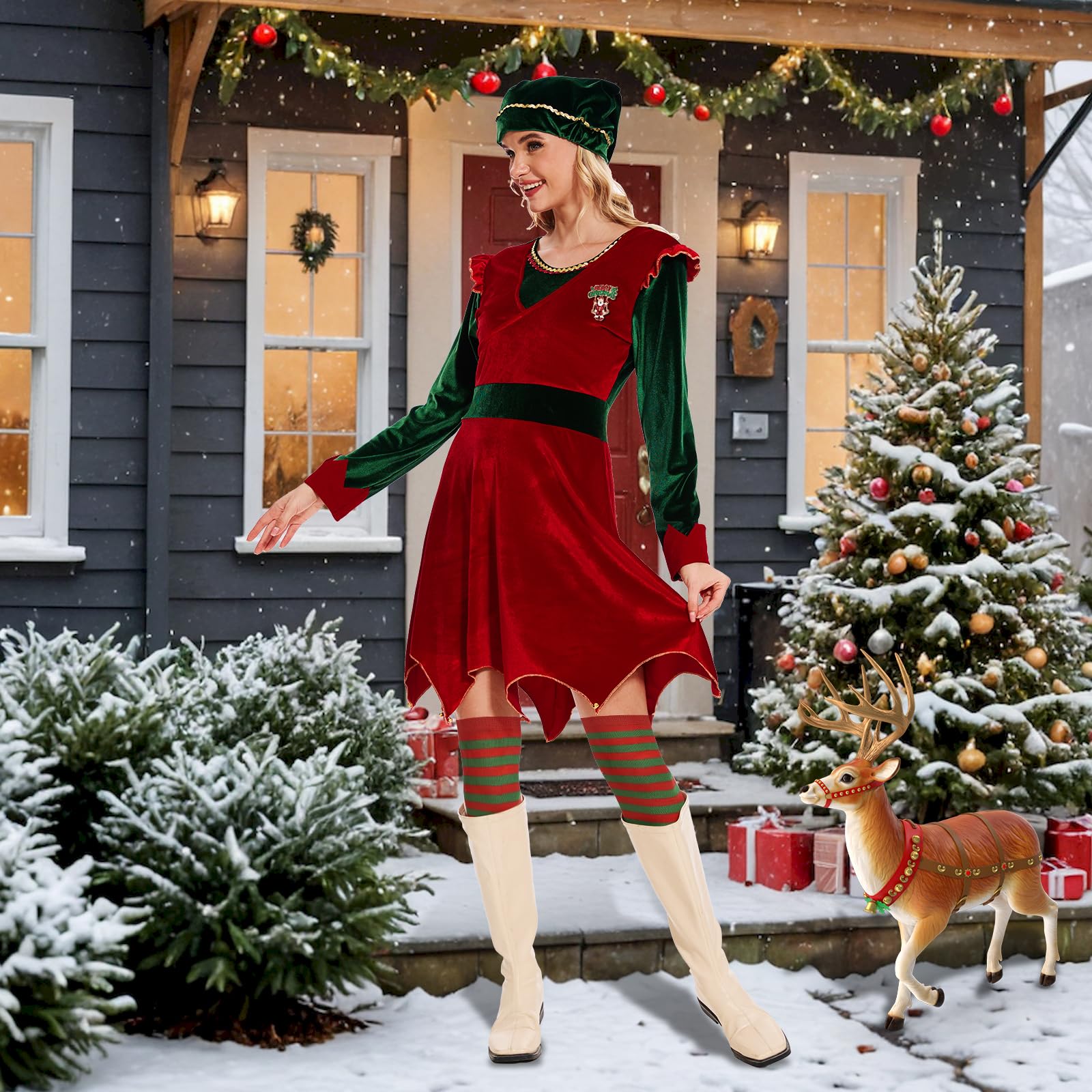 Disfraz de elfo Jovi para mujer, conjunto de vestido de elfo navideño con broche y calcetín para fiesta de disfraces de Navidad