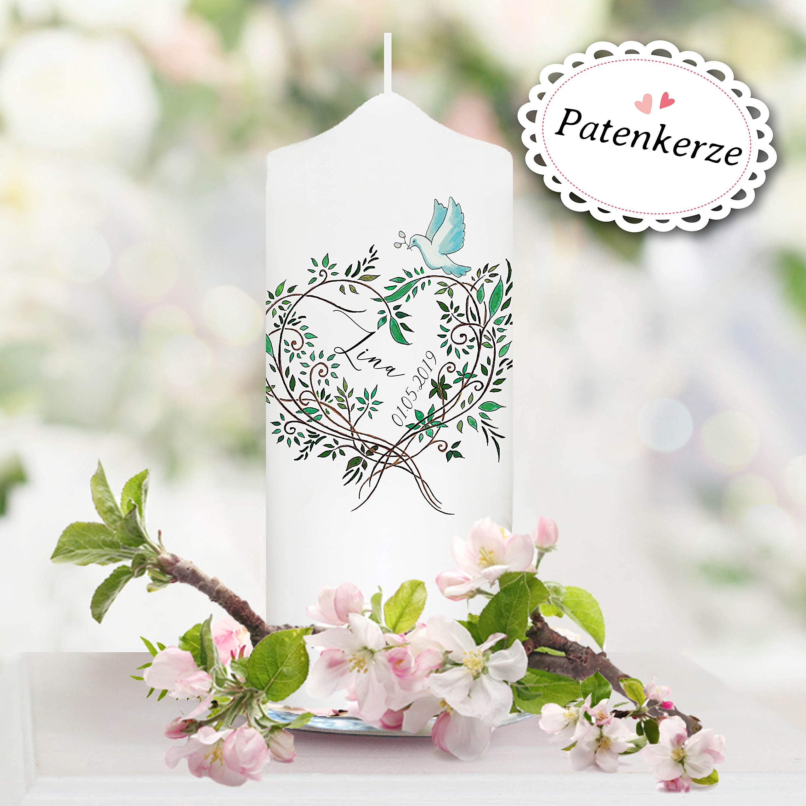 Taufkerze Herz Blätterkranz Taube - Kerze zur Taufe, Geburt oder Kommunion - 25 x 7 cm wahlweise mit Patenkerzen/Zzgl. 2 Patenkerzen/mit eigenem Taufspruch