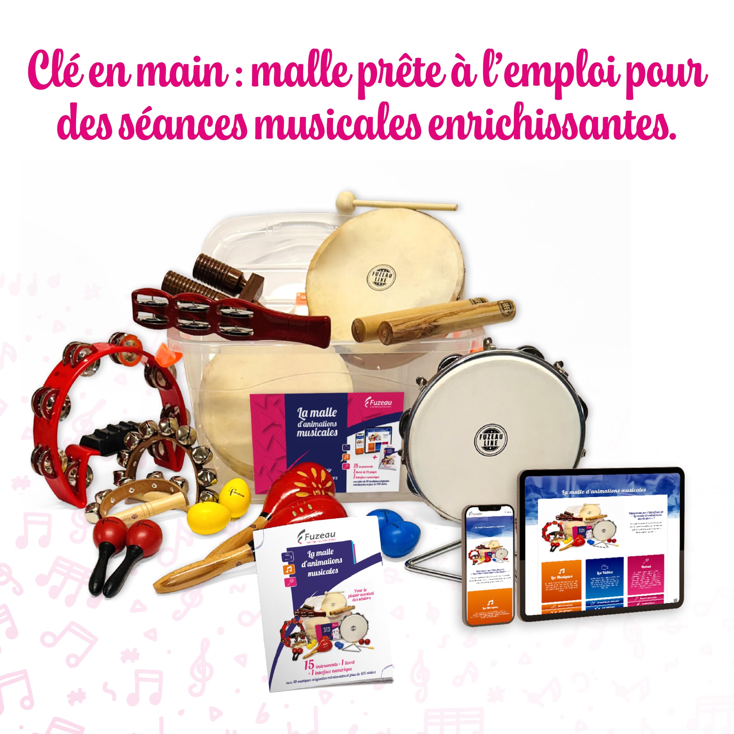 Fuzeau - Kit d’Animations Musicales - 15 Instruments Musique Variés - Livret Pédagogique + Interface Numérique - Idéal pour Ateliers Mémoire et Sensoriels avec les Personnes Âgées - Réf.78472