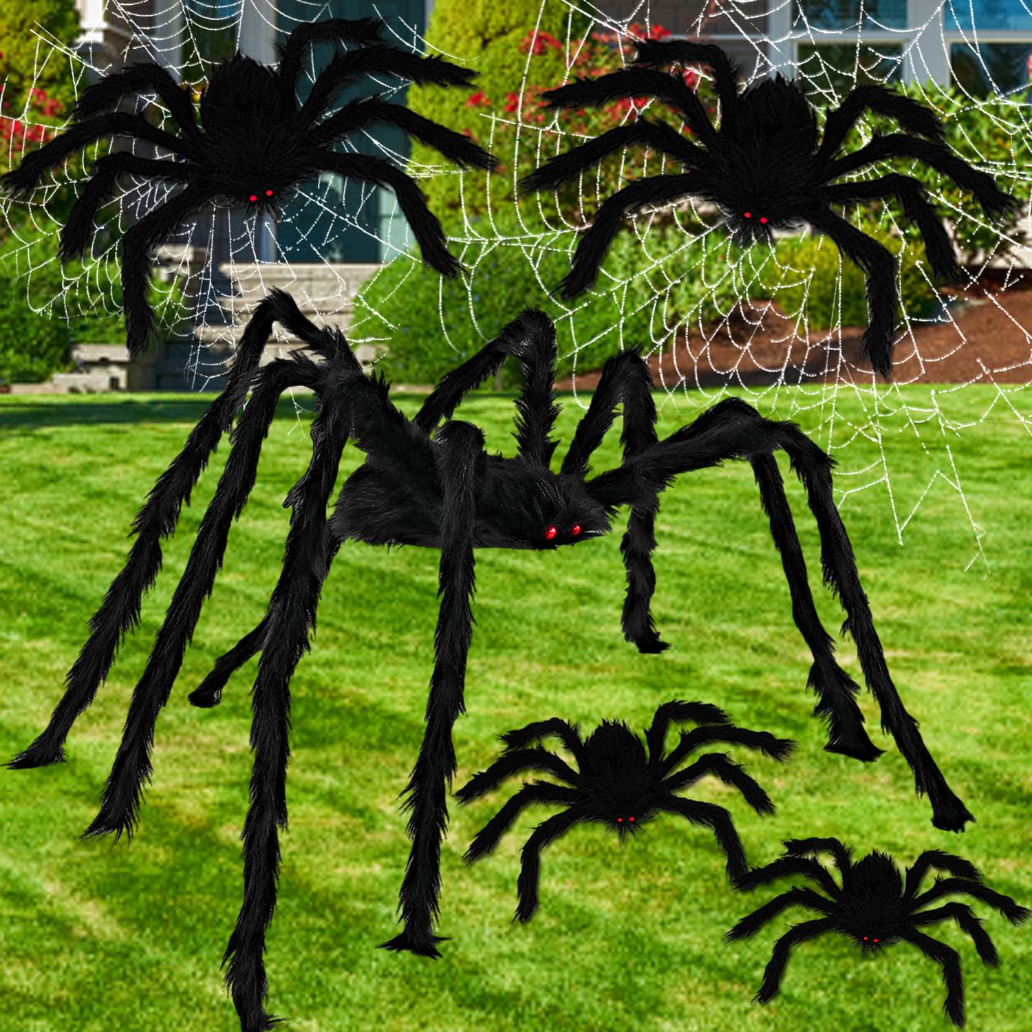 Halloween Giant Spider,Pack of 5 Fake Large Hairy Spiders,Realistic Black Spider for Halloween,Yard,Garden,Lawn,Outdoor & Indoor Decor(12'',20'',24'',50'')