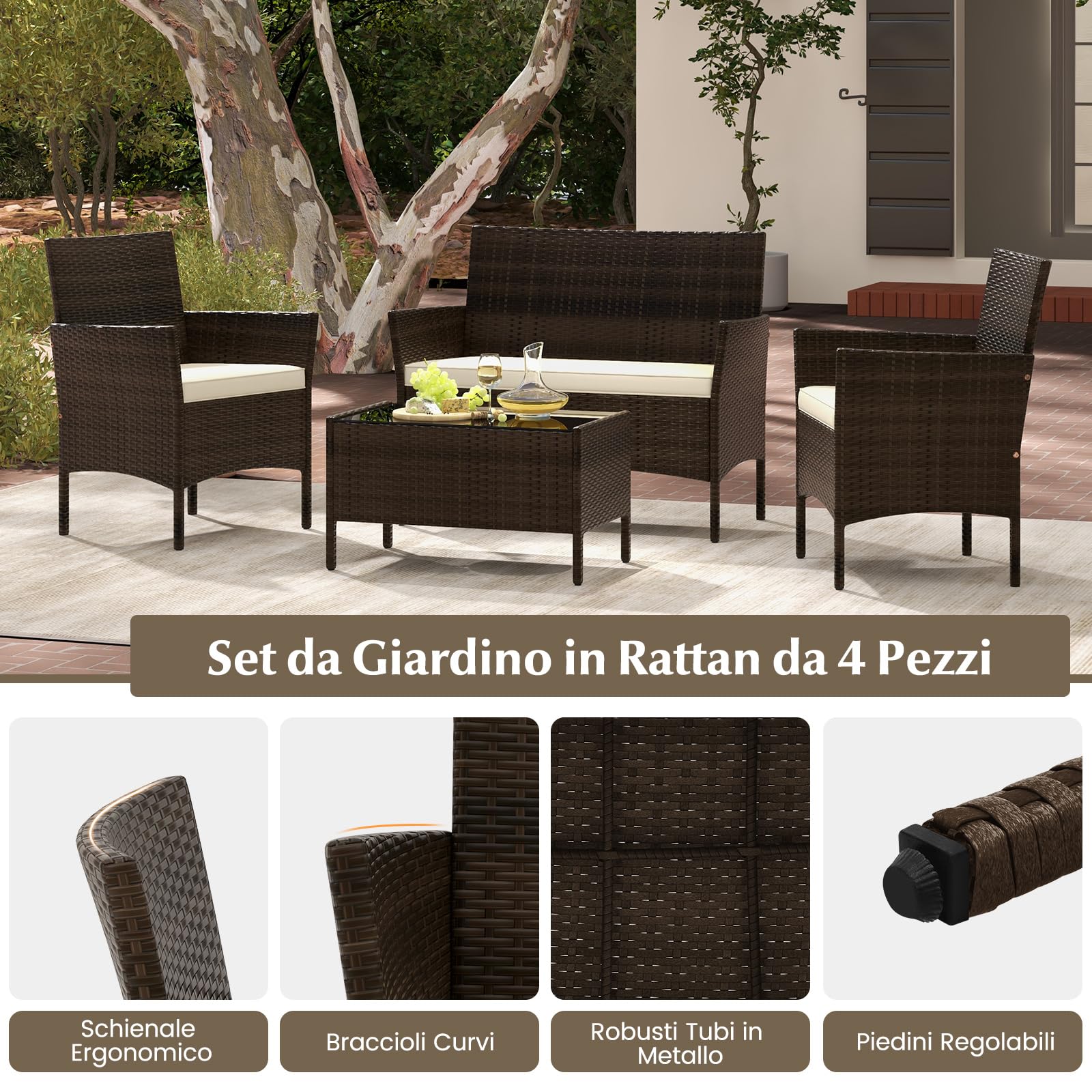 COSTWAY Set di Salotto da Giardino in Rattan 4 Pezzi, Set Mobili da Esterno in Vimini con Cuscini Morbidi, Divanetto e Poltrona con Tavolo in Vetro Temperato per Giardino e Veranda (Marrone)