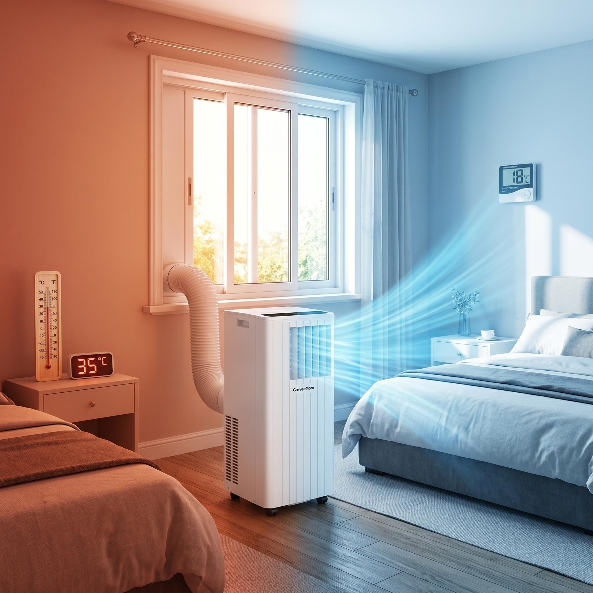 GarveeMore Portable Air Conditioner 7000 BTU – 3-in-1 Cooling, 36L/Day Dehumidifier, 2-Speed Fan – Quiet Freestanding AC for Rooms up to 28m² – Digital Display, Remote, 24H Timer, Window Kit, Energy