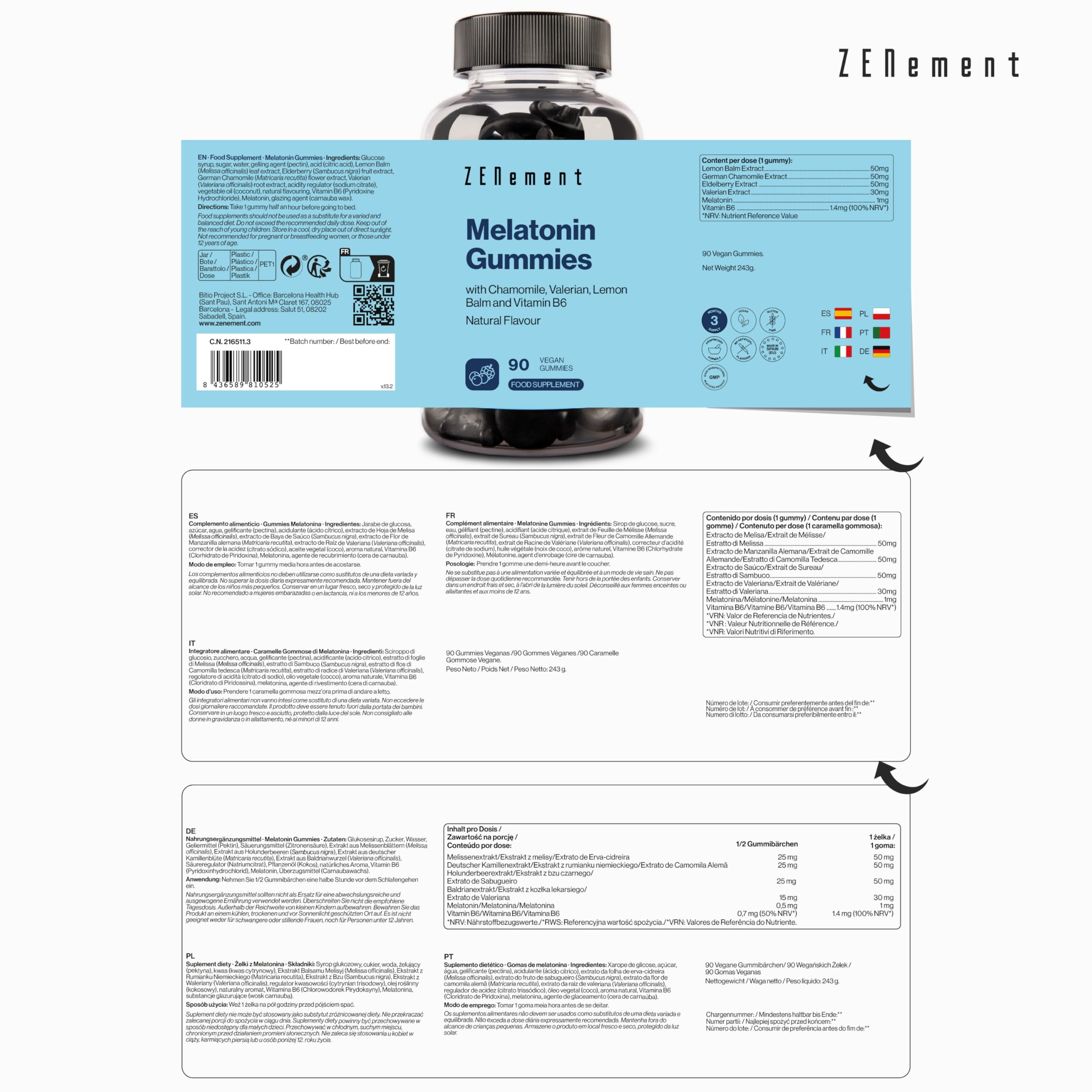 Caramelle Gommose alla Melatonina 1 mg - Dai 12 Anni - Con Vitamina B6, Camomilla, Valeriana, Melissa e Sambuco - 90 Gummies (3 Mesi) - Aroma Frutti Rossi - Vegane, Senza Gelatina - Zenement