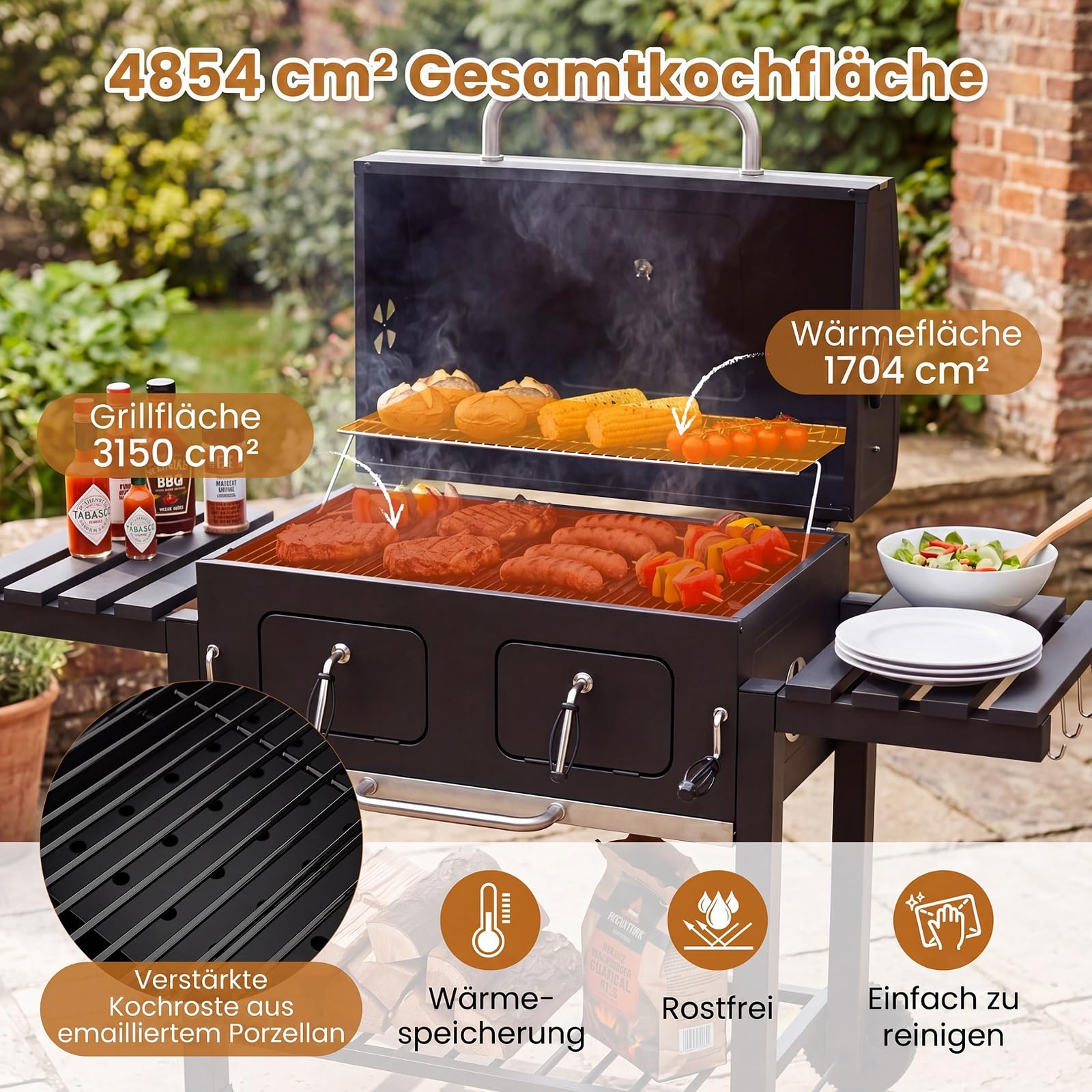 COSTWAY Grill na węgiel drzewny z pokrywką XXL, grill na kółkach