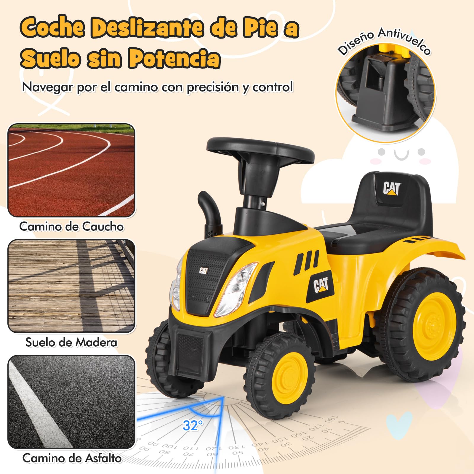 COSTWAY Tractor Juguete Caterpillar con Remolque Desmontable, Pala, Rastrillo, Bocina, Sonido del Motor, Luces LED y 6 Ruedas, Tractor para Niños de 18-36 Meses