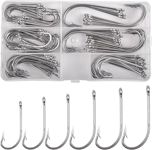 Miniatura 1 de Juego de ganchos en J de pesca de agua salada, 100 ganchos O'shaughnessy de mango largo, juego de ganchos de acero inoxidable forjados, surtido de